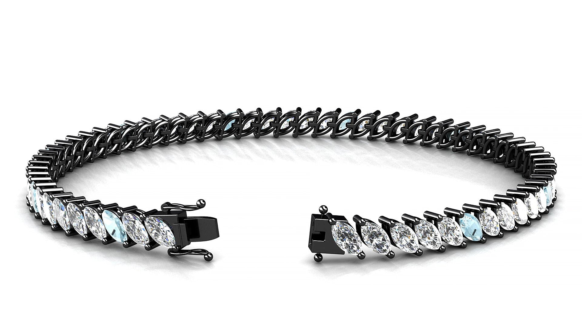 Venezia 1-5 | 18k Black Gold 5 x 2.5 mm Marquise Natural Aquamarine & Diamond 15 cm Tennis Bracelet