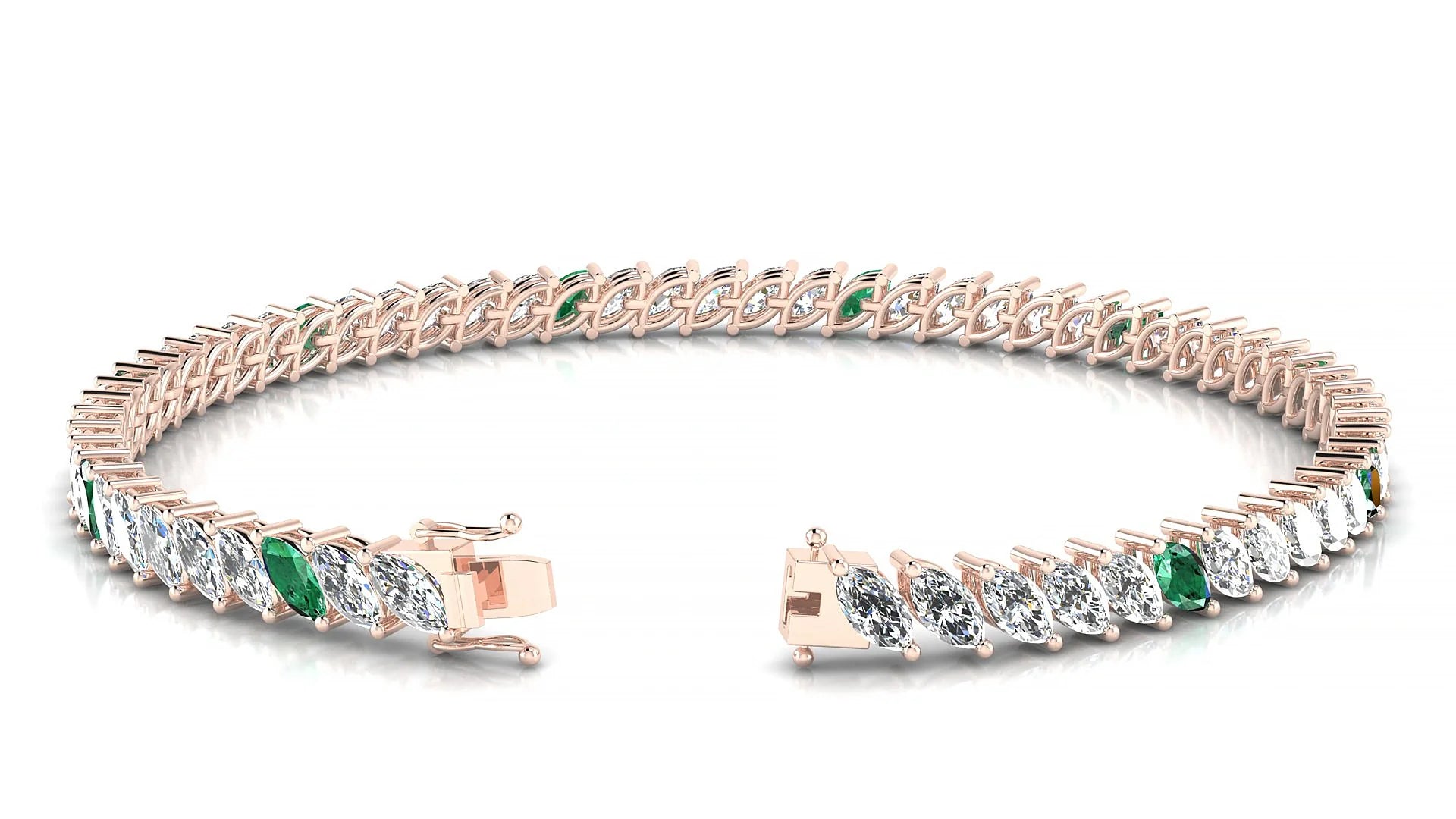 Venezia 1-5 | 18k Rose Gold 5 x 2.5 mm Marquise Natural Emerald & Diamond 18 cm Tennis Bracelet