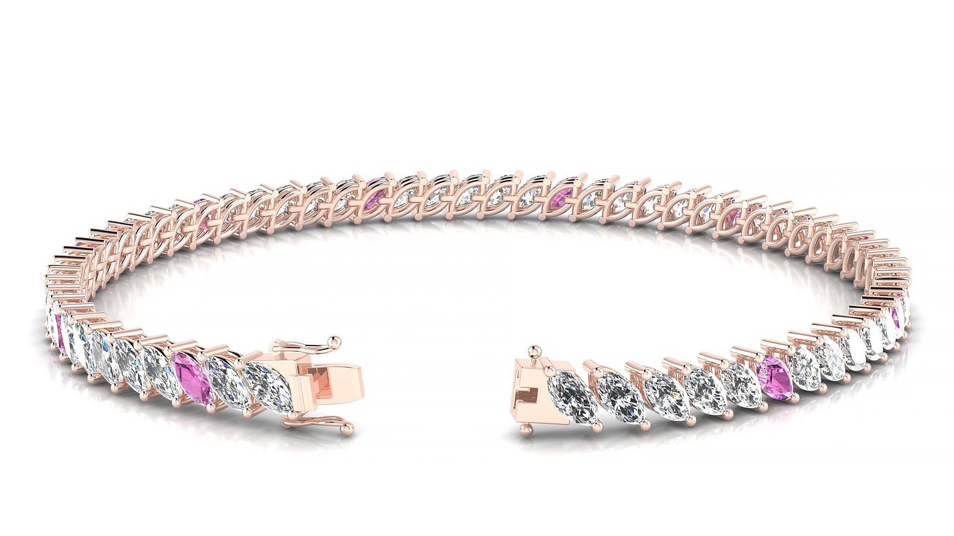Venezia 1-5 | 18k Rose Gold 5 x 2.5 mm Marquise Natural Pink Sapphire & Diamond 16 cm Tennis Bracelet