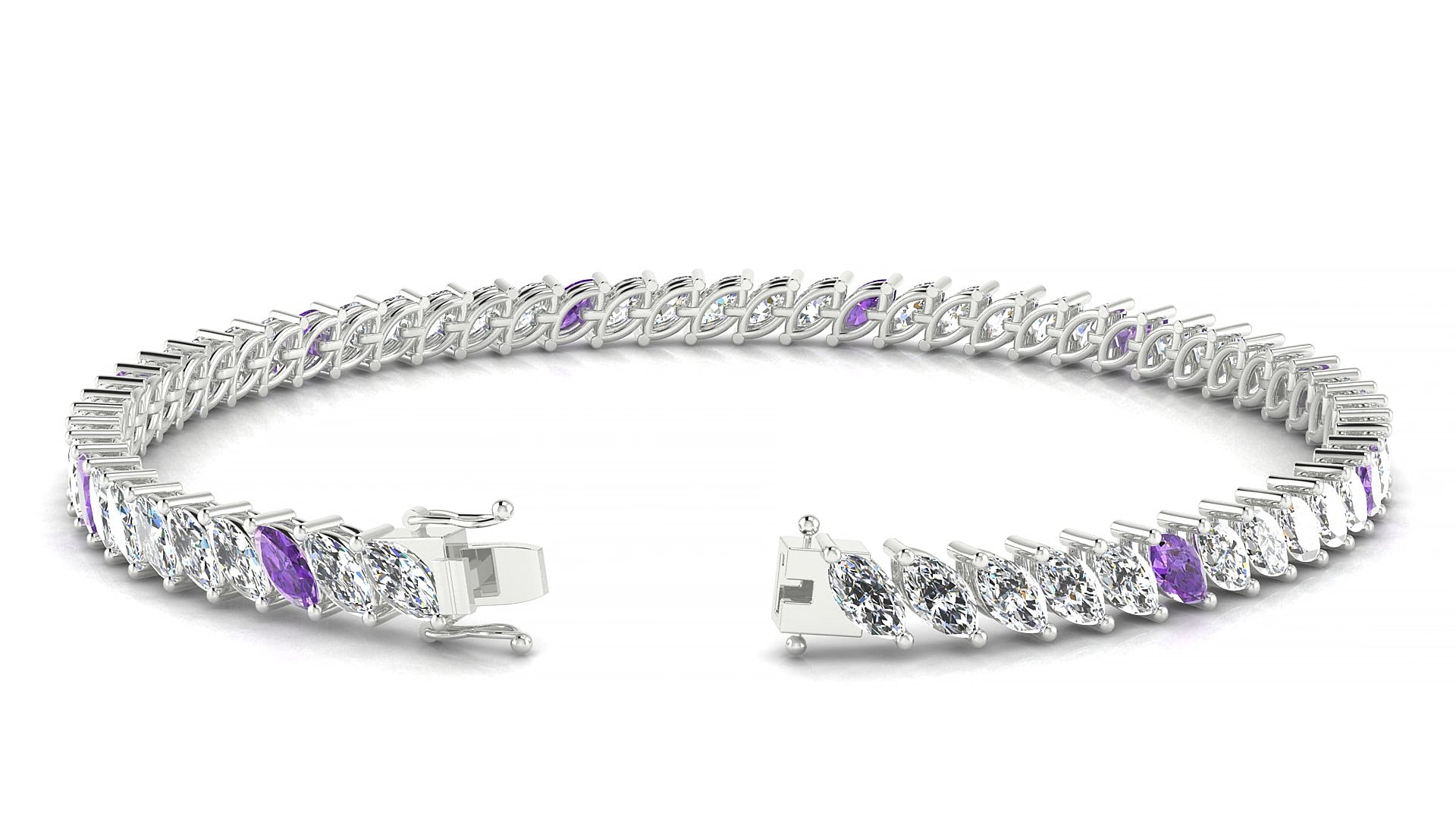Venezia 1-5 | 18k White Gold 5 x 2.5 mm Marquise Natural Amethyst & Diamond 16 cm Tennis Bracelet