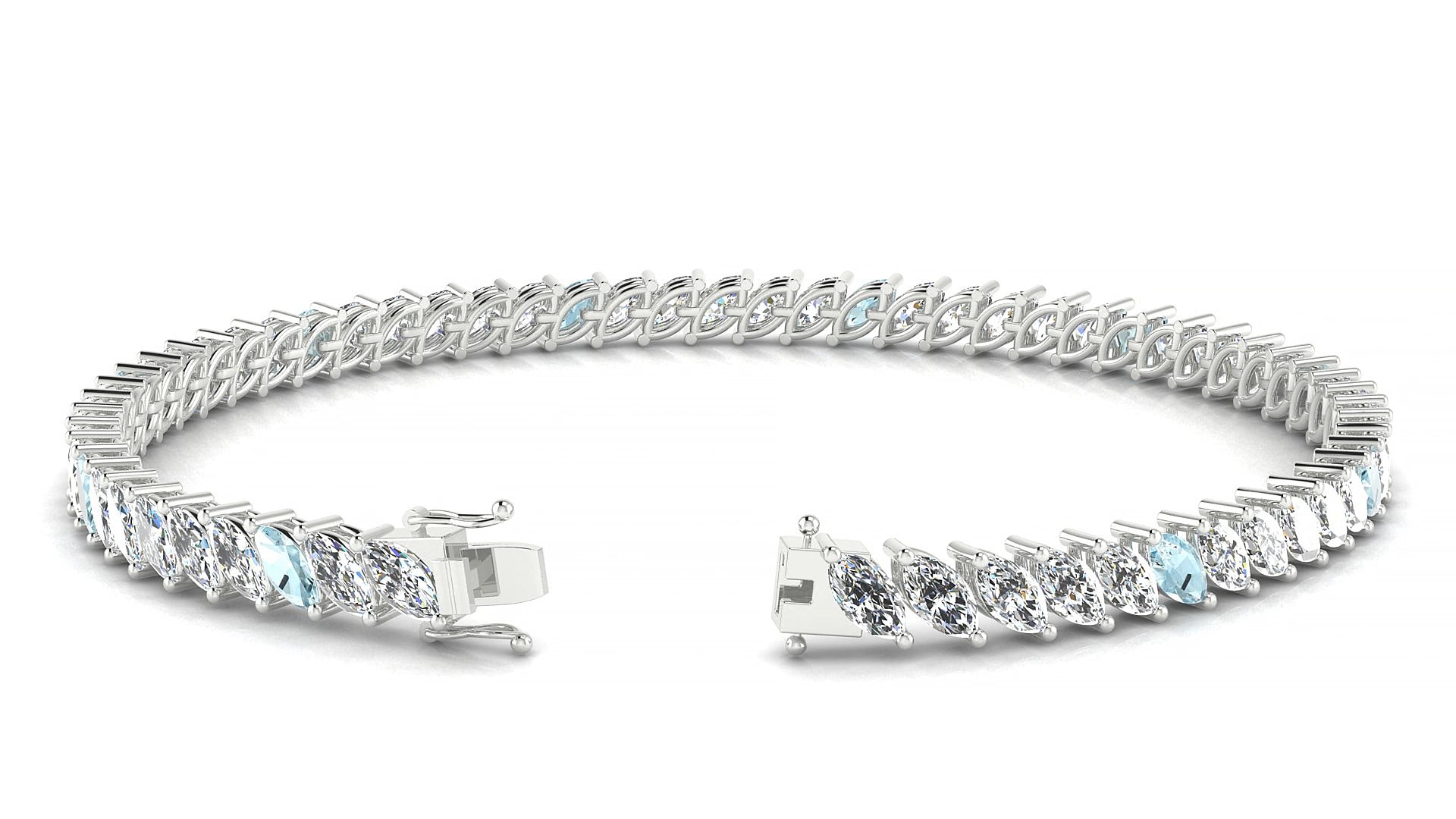 Venezia 1-5 | 18k White Gold 5 x 2.5 mm Marquise Natural Aquamarine & Diamond 15 cm Tennis Bracelet