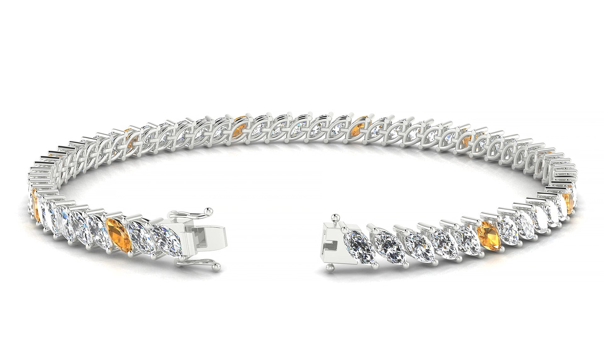 Venezia 1-5 | 18k White Gold 5 x 2.5 mm Marquise Natural Citrine & Diamond 17 cm Tennis Bracelet