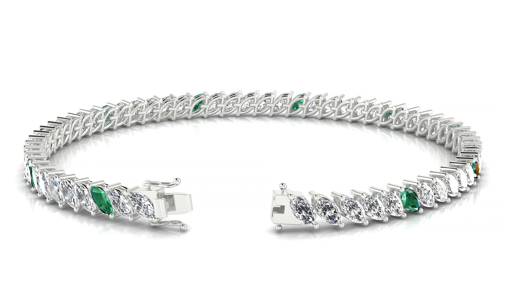 Venezia 1-5 | 18k White Gold 5 x 2.5 mm Marquise Natural Emerald & Diamond 15 cm Tennis Bracelet
