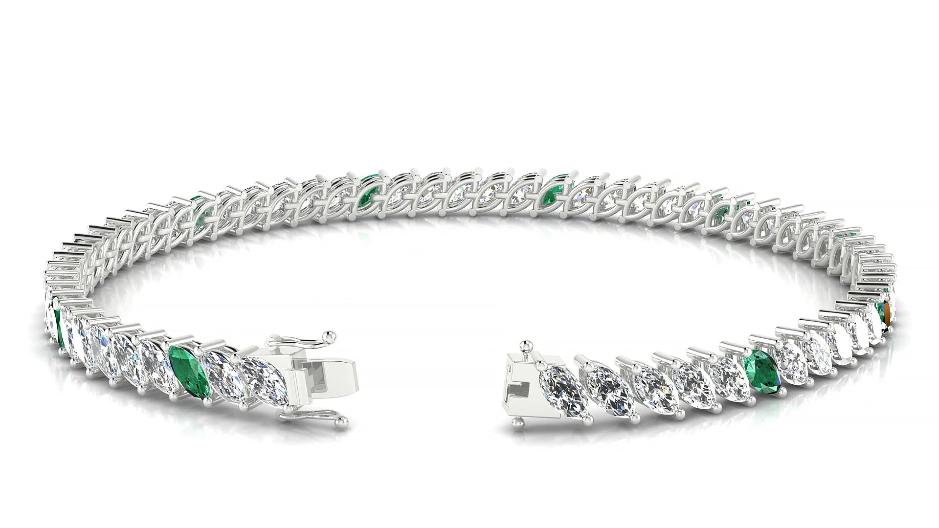 Venezia 1-5 | 18k White Gold 5 x 2.5 mm Marquise Natural Emerald & Diamond 18 cm Tennis Bracelet