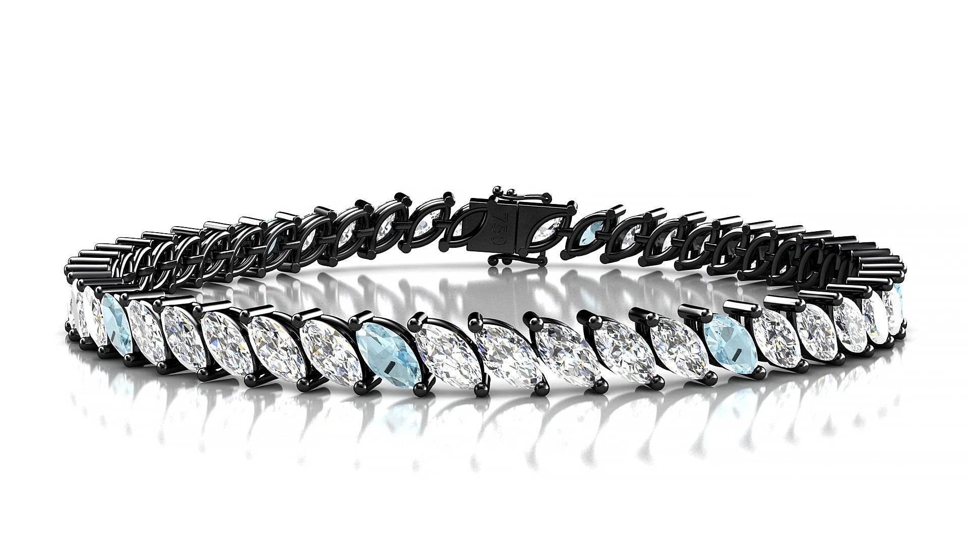 Venezia 1-5 | 18k Black Gold 6 x 3 mm Marquise Natural Aquamarine & Diamond 15 cm Tennis Bracelet