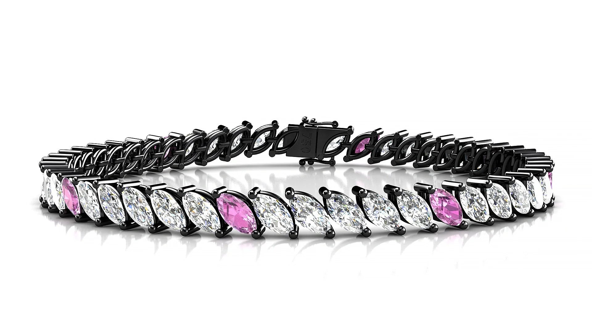 Venezia 1-5 | 18k Black Gold 6 x 3 mm Marquise Natural Pink Sapphire & Diamond 18 cm Tennis Bracelet