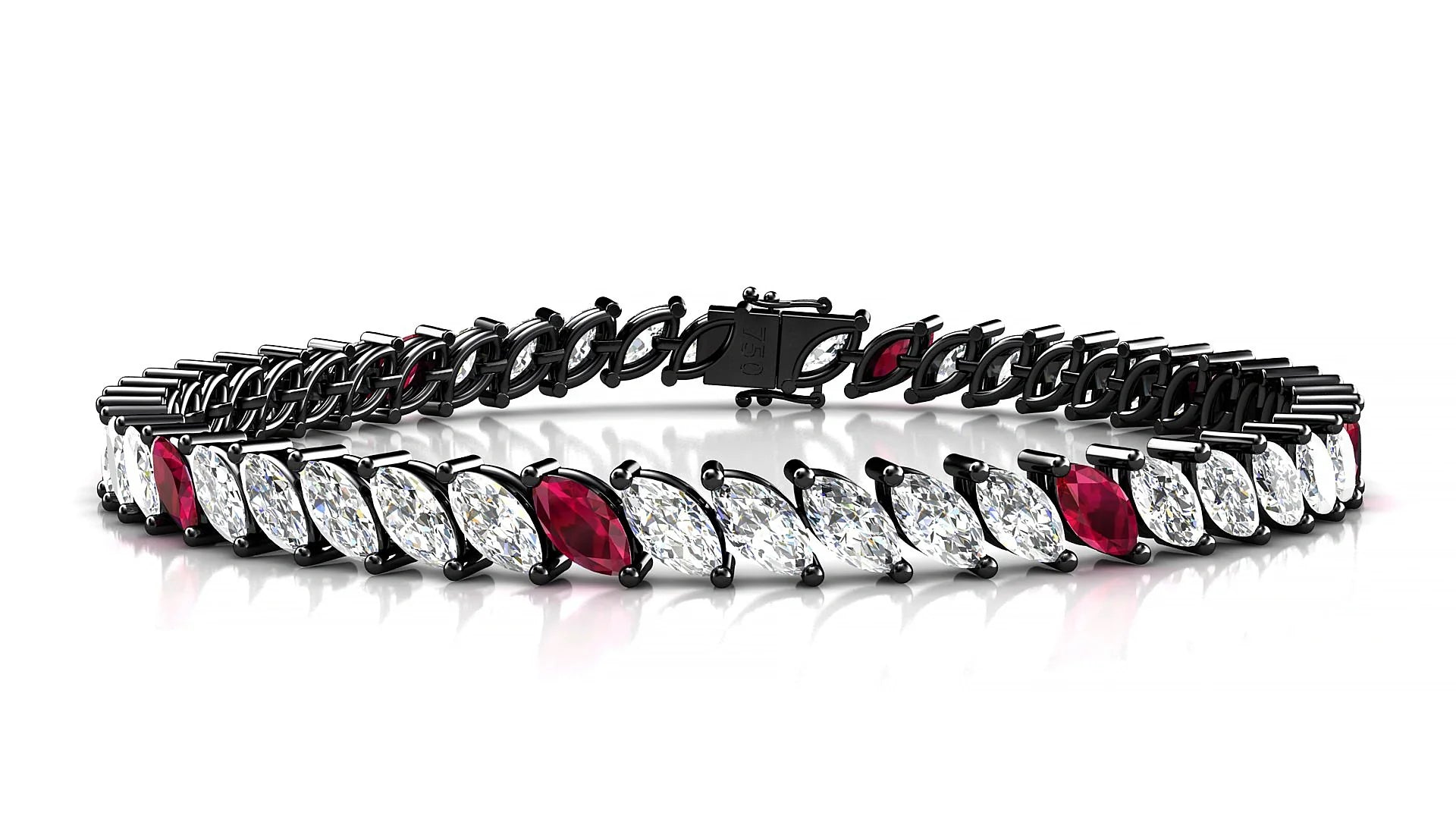 Venezia 1-5 | 18k Black Gold 6 x 3 mm Marquise Natural Ruby & Diamond 18 cm Tennis Bracelet