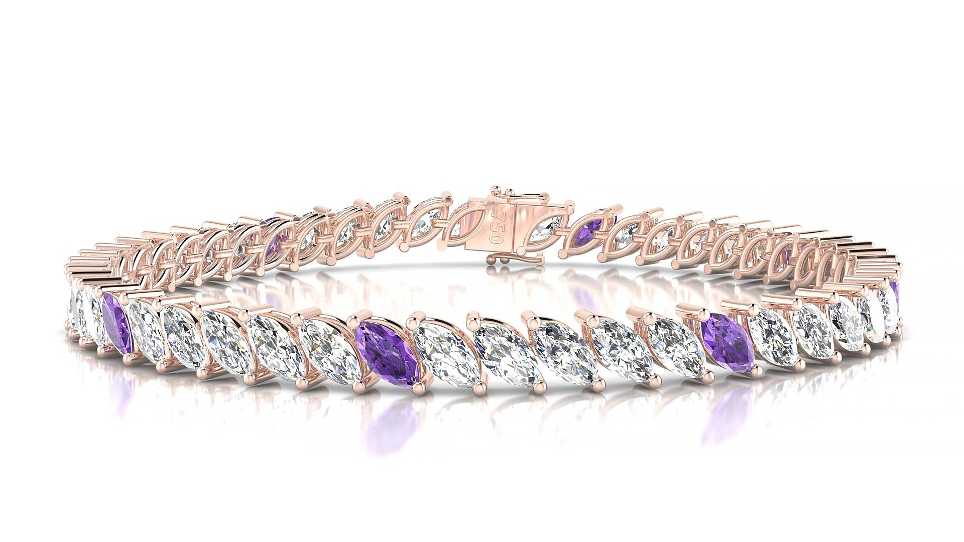 Venezia 1-5 | 18k Rose Gold 6 x 3 mm Marquise Natural Amethyst & Diamond 16 cm Tennis Bracelet