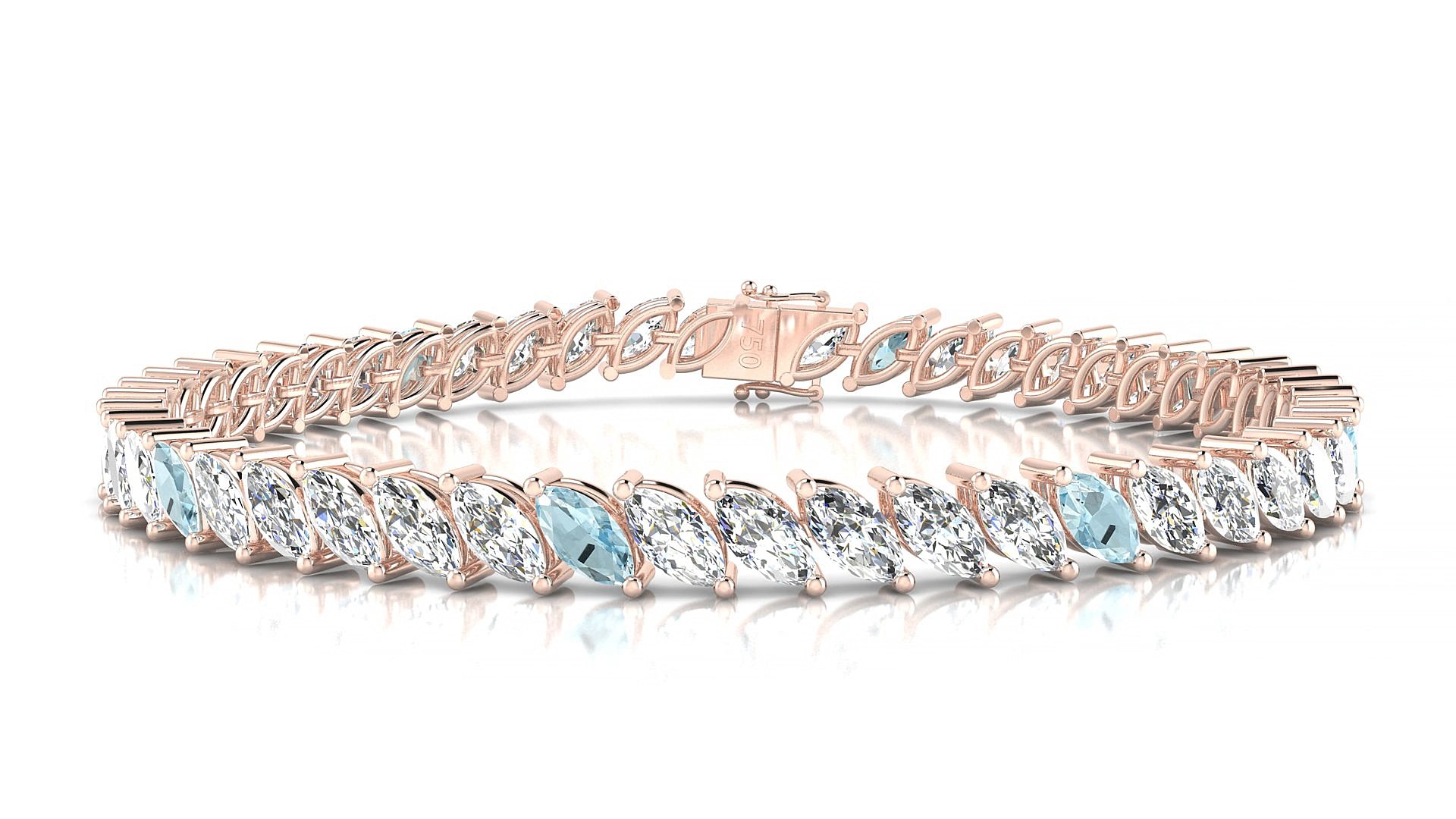 Venezia 1-5 | 18k Rose Gold 6 x 3 mm Marquise Natural Aquamarine & Diamond 15 cm Tennis Bracelet