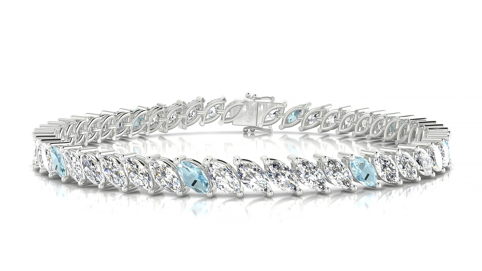 Venezia 1-5 | 18k White Gold 6 x 3 mm Marquise Natural Aquamarine & Diamond 15 cm Tennis Bracelet