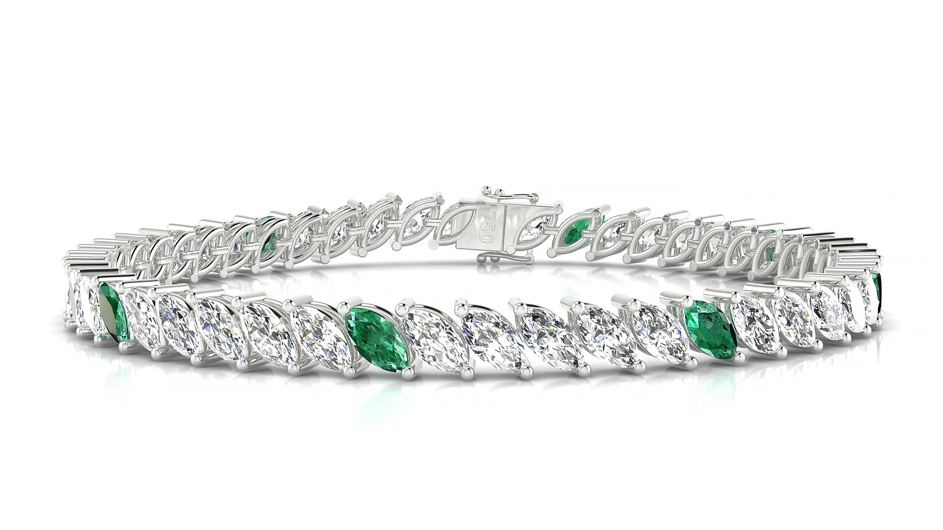 Venezia 1-5 | 18k White Gold 6 x 3 mm Marquise Natural Emerald & Diamond 15 cm Tennis Bracelet