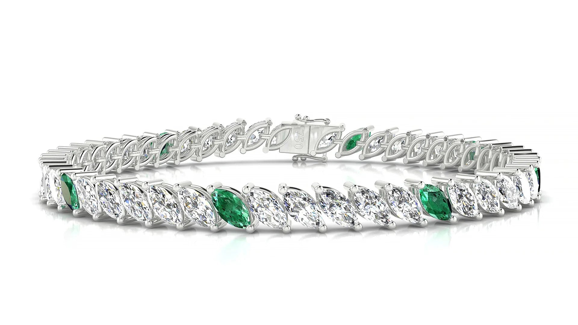 Venezia 1-5 | 18k White Gold 6 x 3 mm Marquise Natural Emerald & Diamond 18 cm Tennis Bracelet