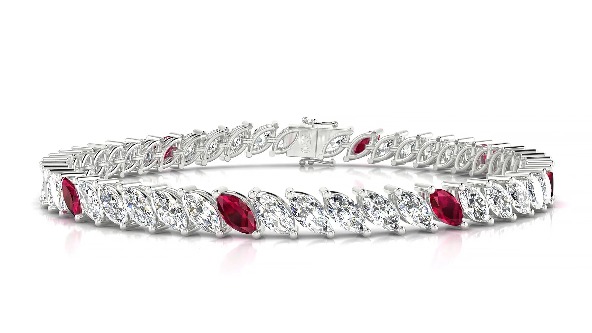 Venezia 1-5 | 18k White Gold 6 x 3 mm Marquise Natural Ruby & Diamond 18 cm Tennis Bracelet