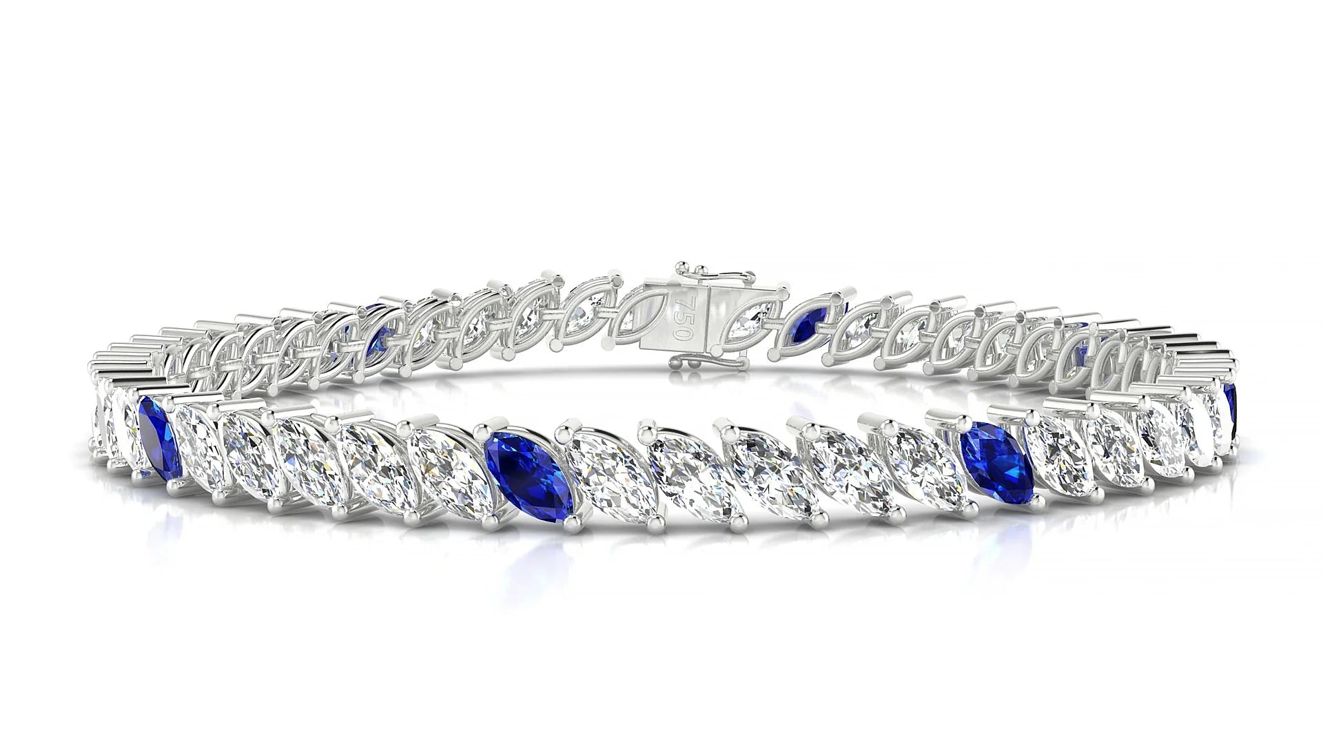 Venezia 1-5 | 18k White Gold 6 x 3 mm Marquise Natural Sapphire & Diamond 18 cm Tennis Bracelet