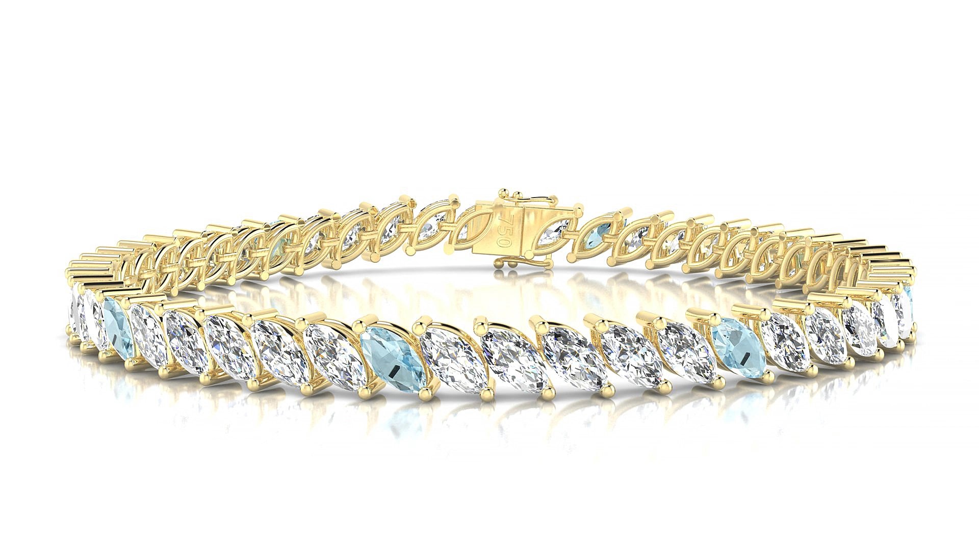 Venezia 1-5 | 18k Yellow Gold 6 x 3 mm Marquise Natural Aquamarine & Diamond 15 cm Tennis Bracelet