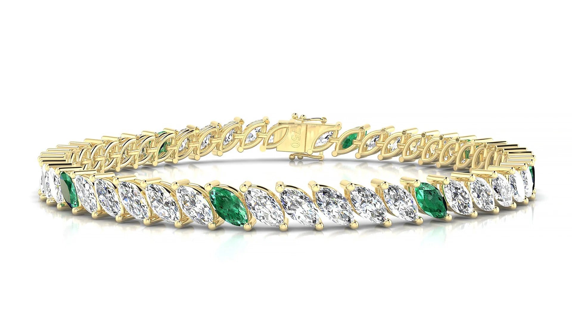 Venezia 1-5 | 18k Yellow Gold 6 x 3 mm Marquise Natural Emerald & Diamond 18 cm Tennis Bracelet