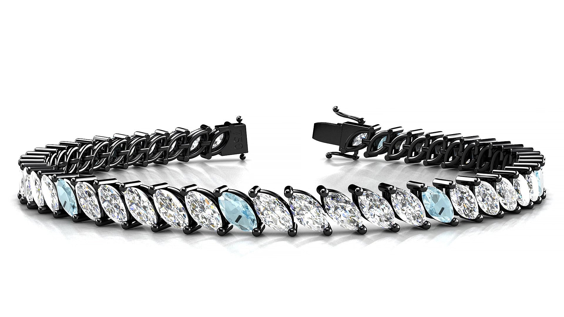 Venezia 1-5 | 18k Black Gold 6 x 3 mm Marquise Natural Aquamarine & Diamond 15 cm Tennis Bracelet