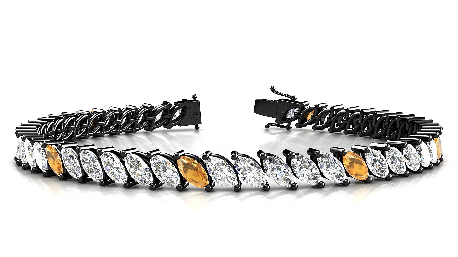 Venezia 1-5 | 18k Black Gold 6 x 3 mm Marquise Natural Citrine & Diamond 16 cm Tennis Bracelet