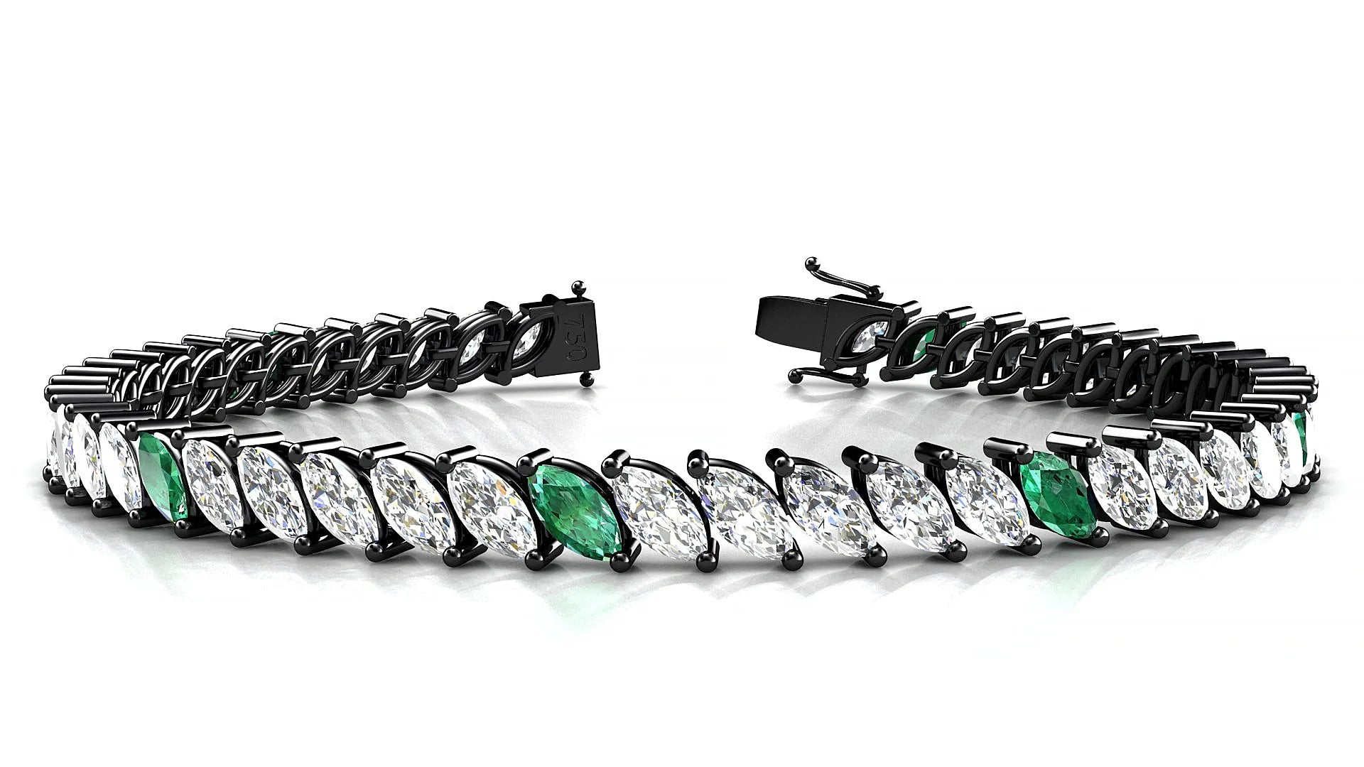 Venezia 1-5 | 18k Black Gold 6 x 3 mm Marquise Natural Emerald & Diamond 18 cm Tennis Bracelet