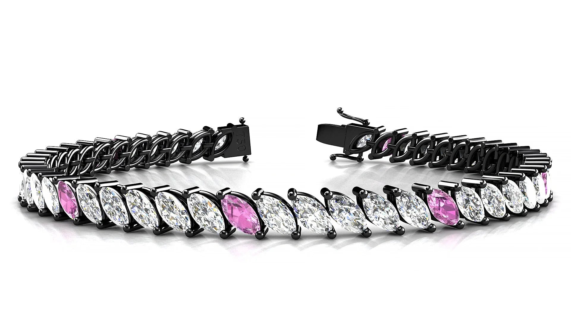 Venezia 1-5 | 18k Black Gold 6 x 3 mm Marquise Natural Pink Sapphire & Diamond 18 cm Tennis Bracelet