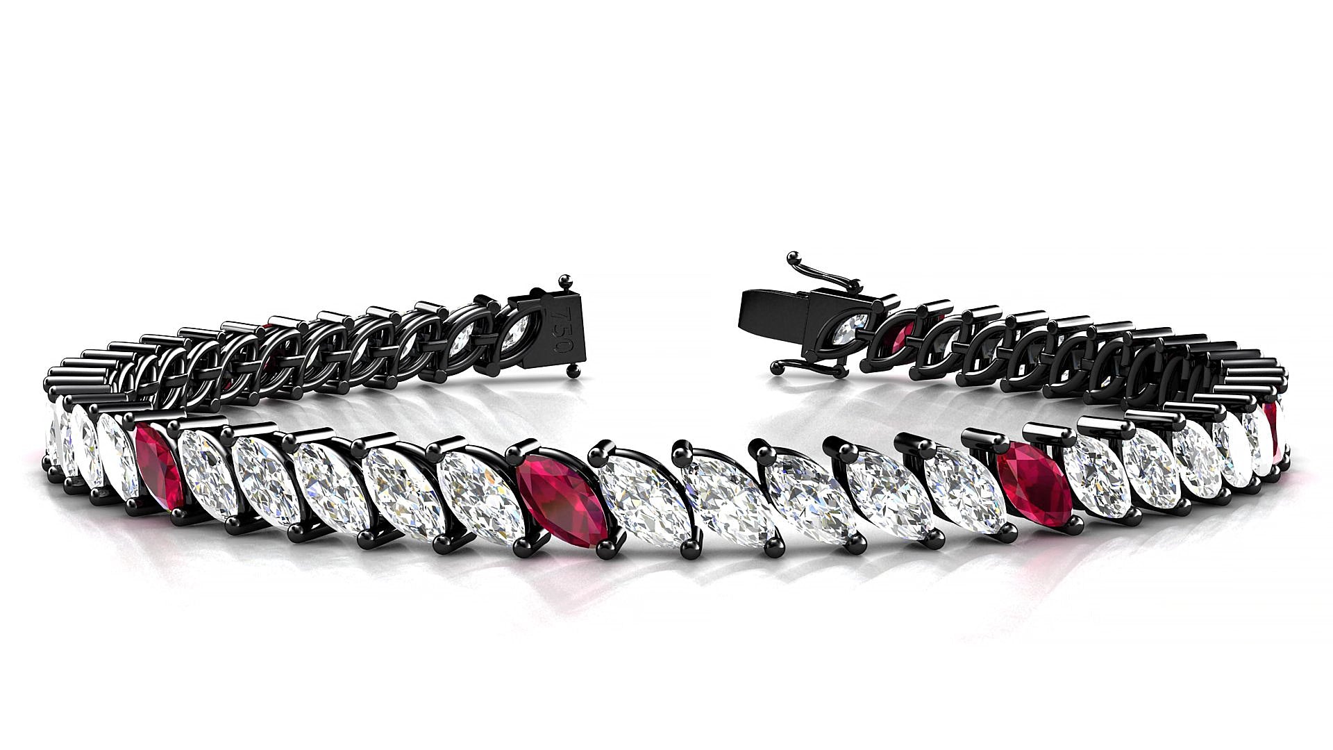 Venezia 1-5 | 18k Black Gold 6 x 3 mm Marquise Natural Ruby & Diamond 15 cm Tennis Bracelet