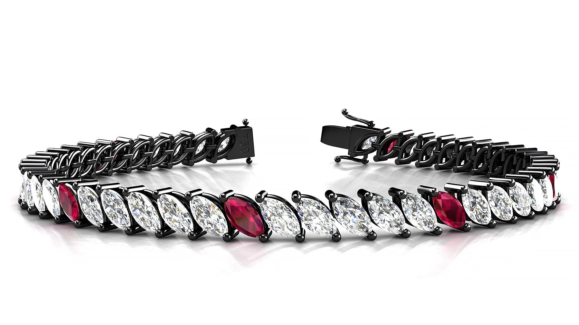 Venezia 1-5 | 18k Black Gold 6 x 3 mm Marquise Natural Ruby & Diamond 18 cm Tennis Bracelet