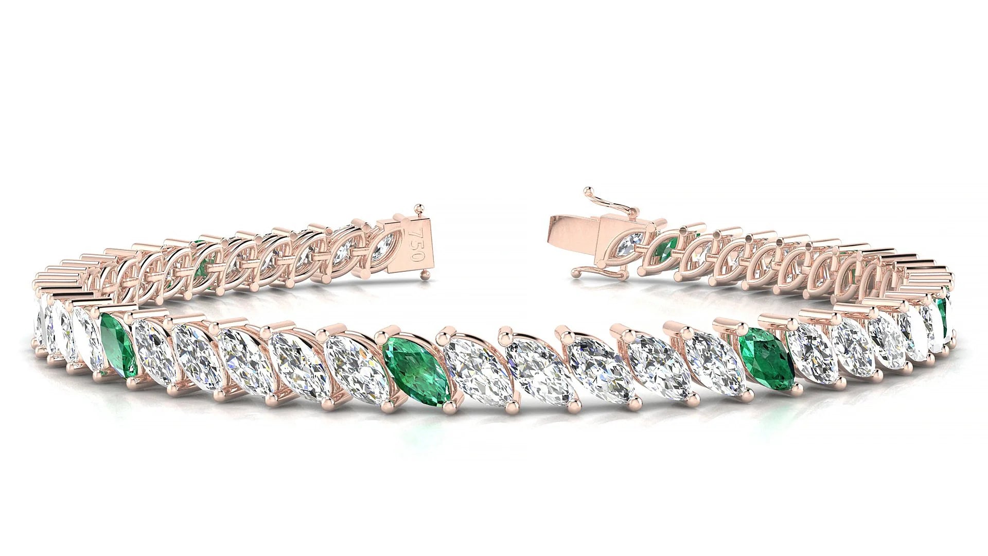Venezia 1-5 | 18k Rose Gold 6 x 3 mm Marquise Natural Emerald & Diamond 18 cm Tennis Bracelet