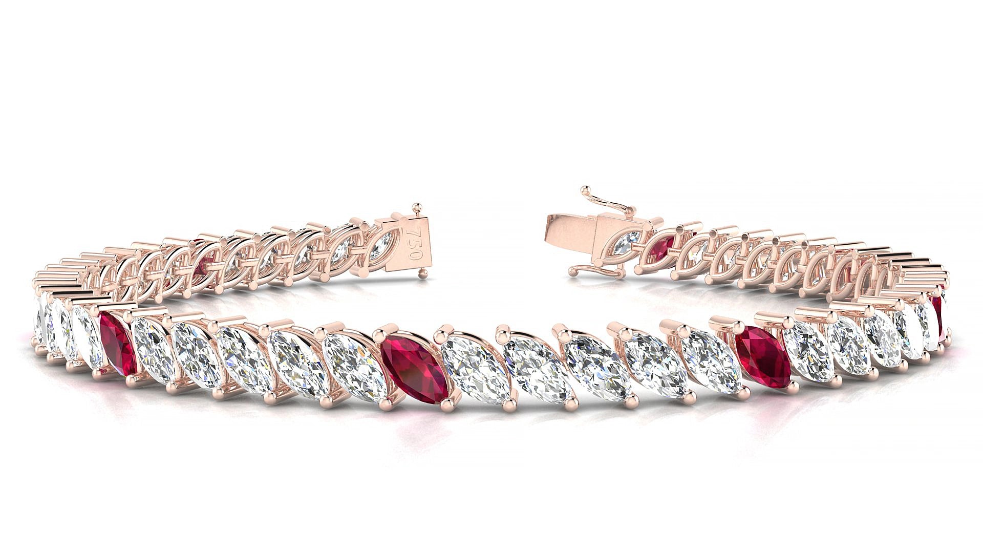 Venezia 1-5 | 18k Rose Gold 6 x 3 mm Marquise Natural Ruby & Diamond 15 cm Tennis Bracelet