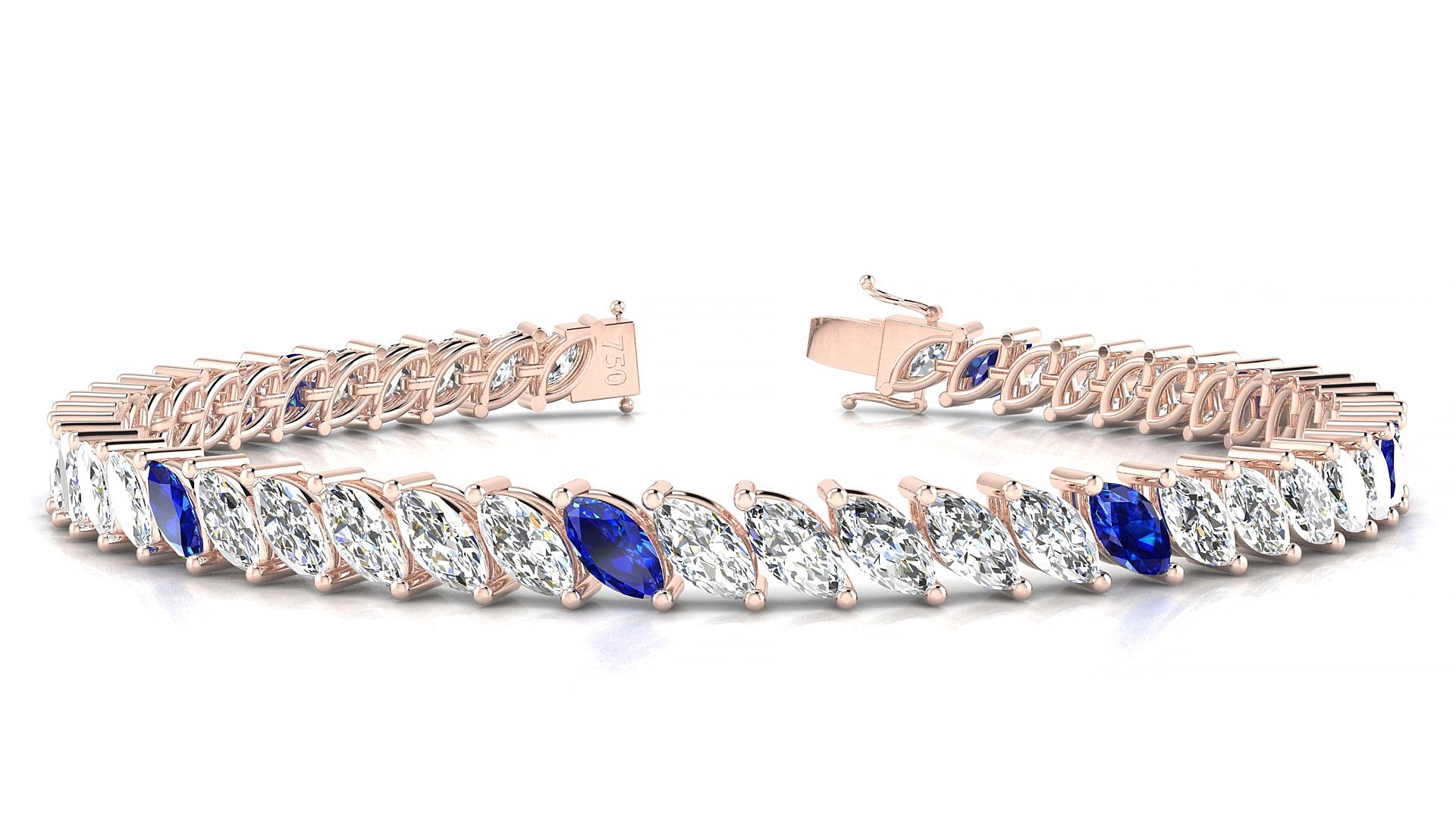 Venezia 1-5 | 18k Rose Gold 6 x 3 mm Marquise Natural Sapphire & Diamond 20 cm Tennis Bracelet