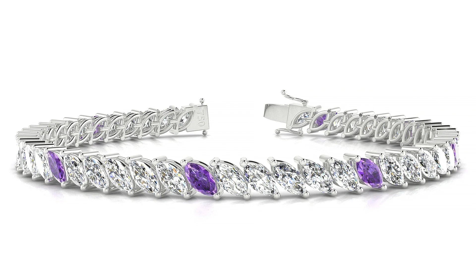 Venezia 1-5 | 18k White Gold 6 x 3 mm Marquise Natural Amethyst & Diamond Tennis Bracelet