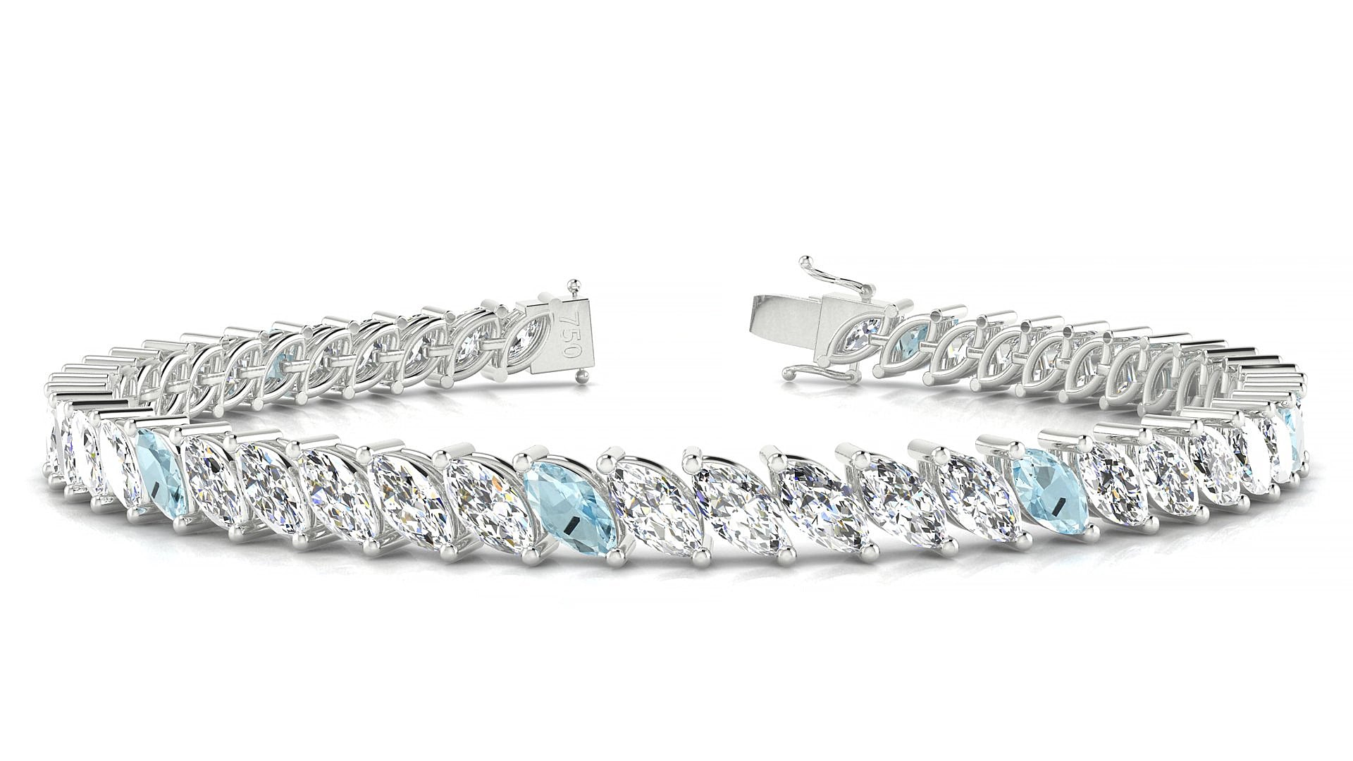 Venezia 1-5 | 18k White Gold 6 x 3 mm Marquise Natural Aquamarine & Diamond 15 cm Tennis Bracelet