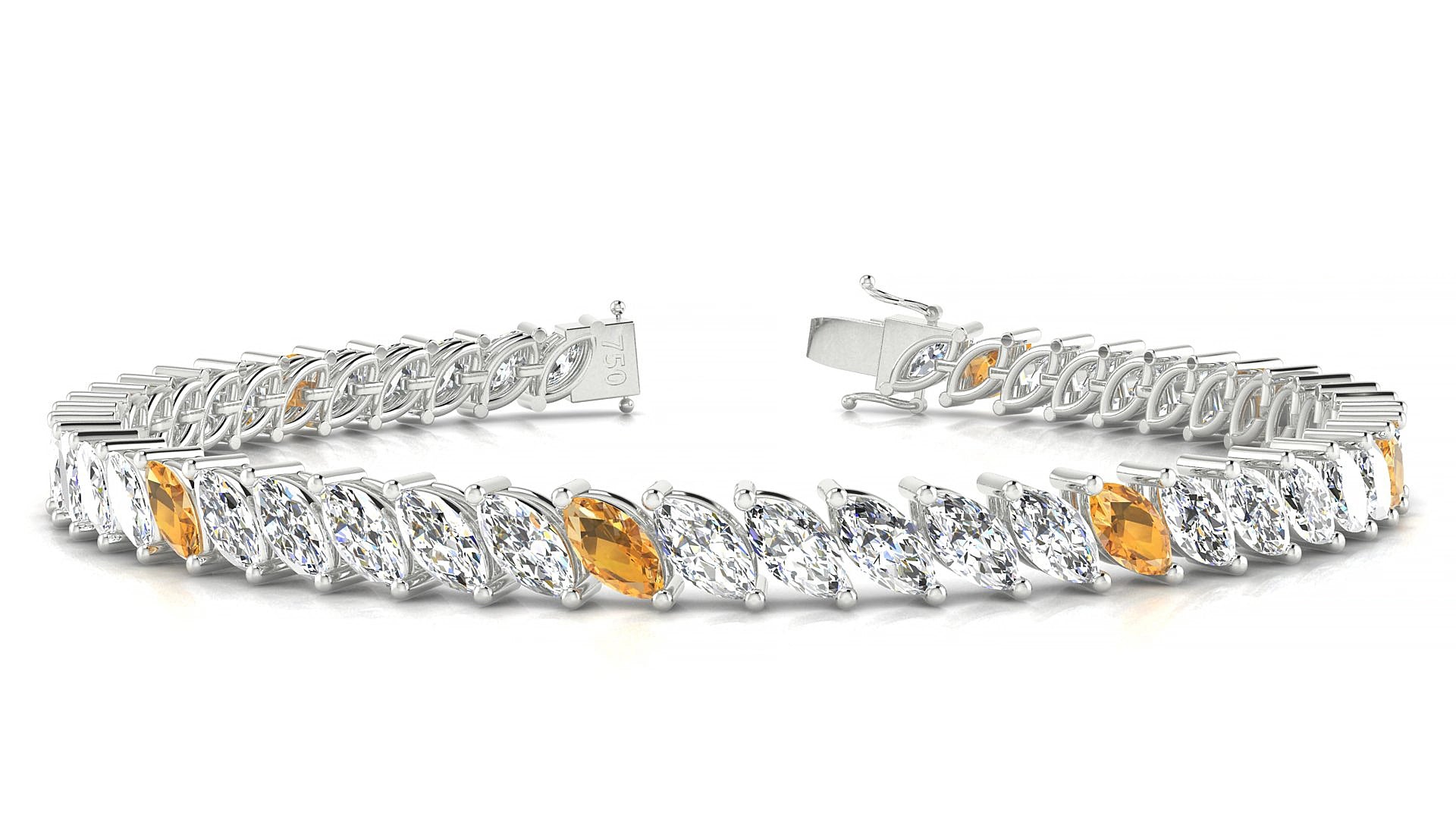 Venezia 1-5 | 18k White Gold 6 x 3 mm Marquise Natural Citrine & Diamond 17 cm Tennis Bracelet
