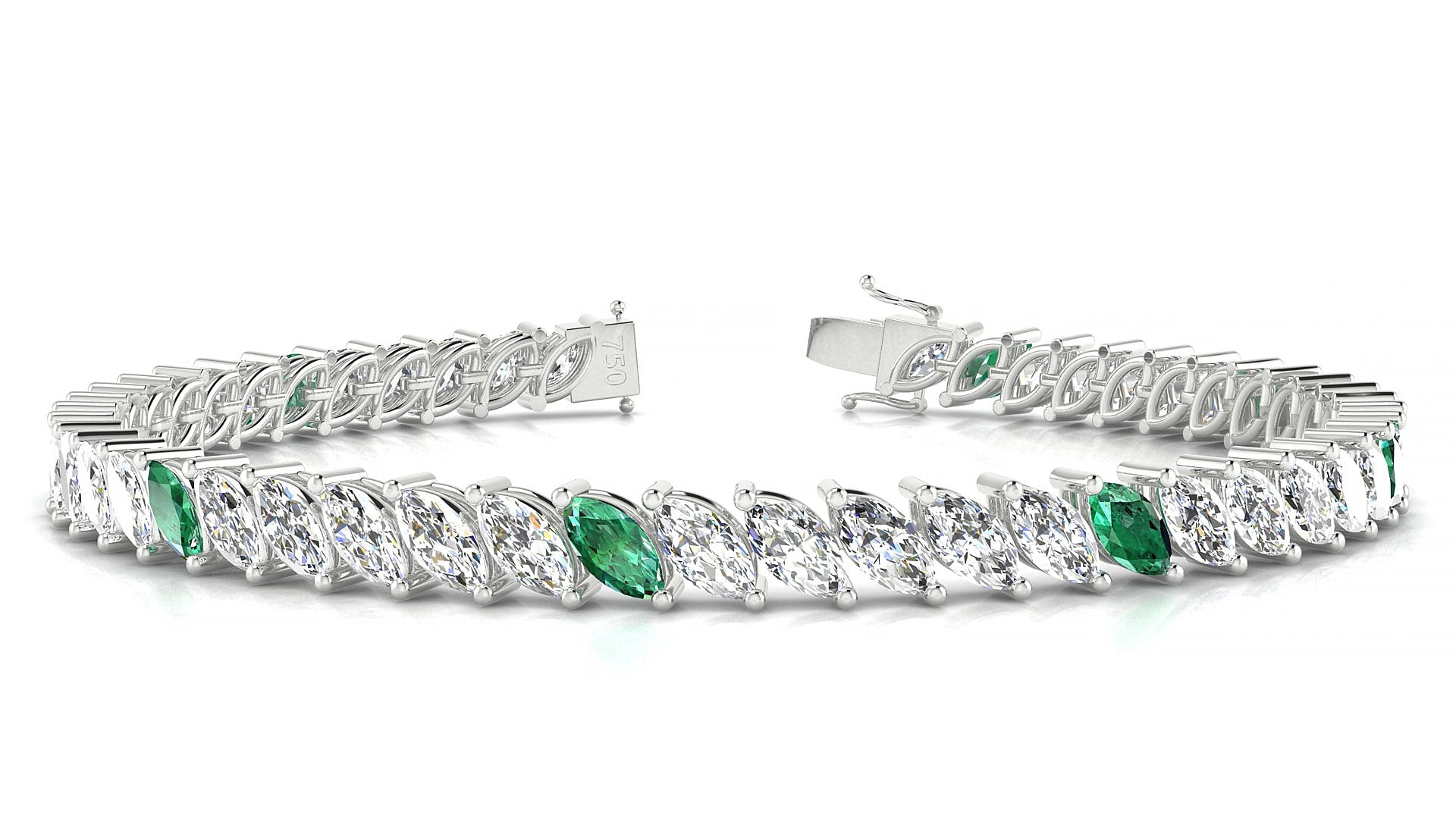 Venezia 1-5 | 18k White Gold 6 x 3 mm Marquise Natural Emerald & Diamond 15 cm Tennis Bracelet