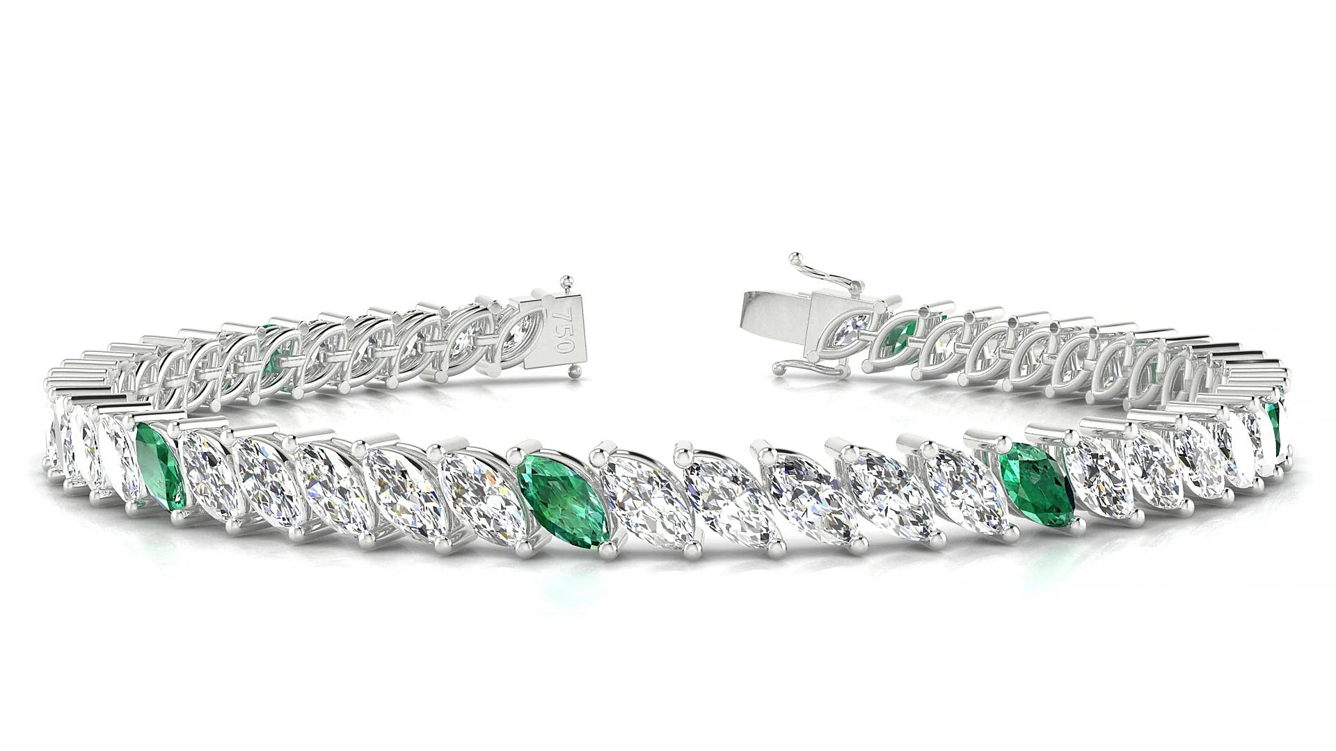 Venezia 1-5 | 18k White Gold 6 x 3 mm Marquise Natural Emerald & Diamond 18 cm Tennis Bracelet