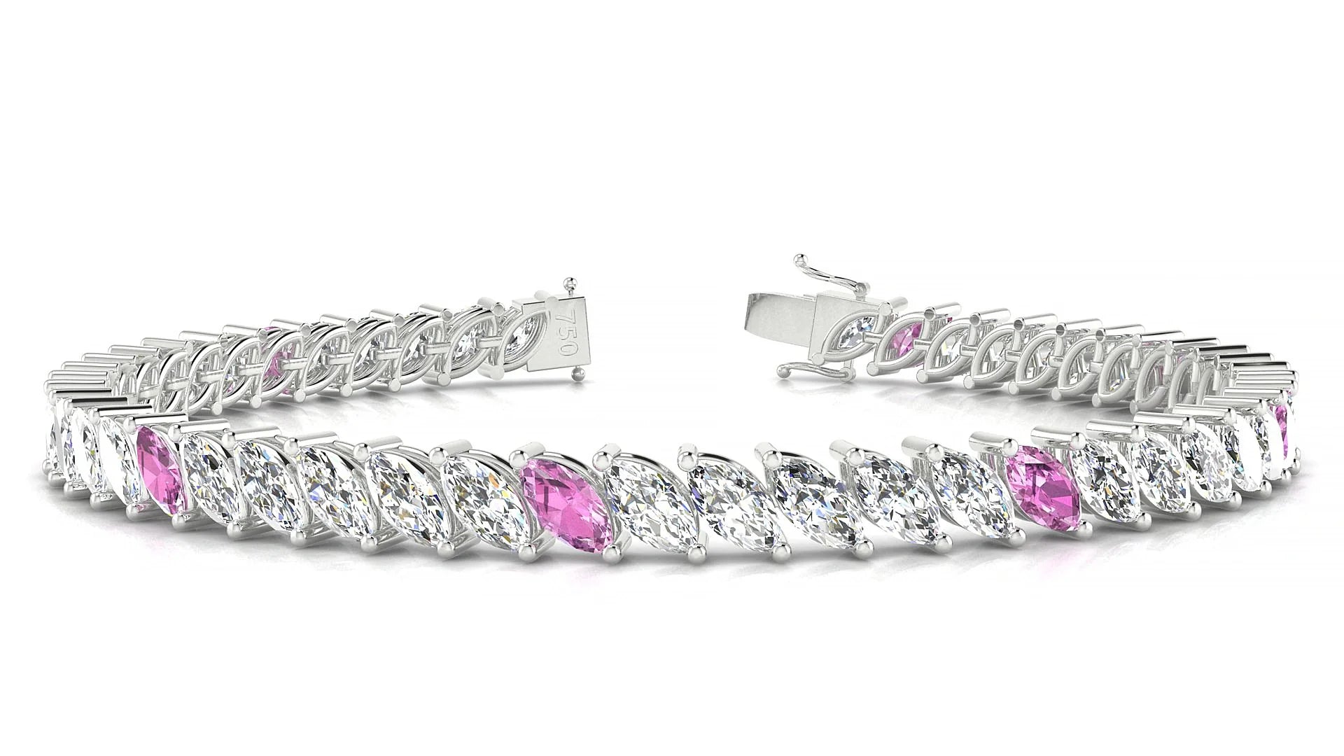 Venezia 1-5 | 18k White Gold 6 x 3 mm Marquise Natural Pink Sapphire & Diamond 18 cm Tennis Bracelet