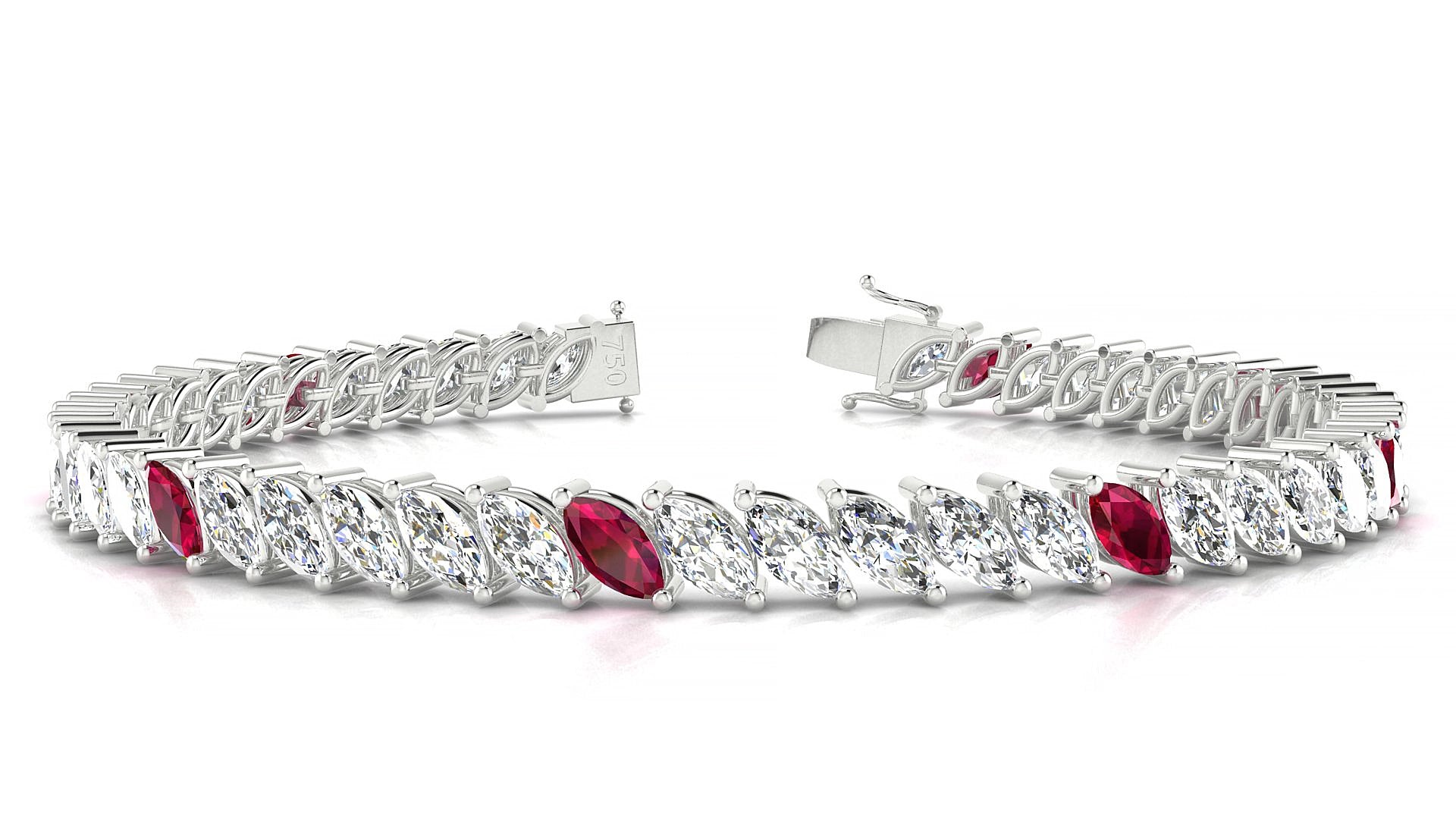 Venezia 1-5 | 18k White Gold 6 x 3 mm Marquise Natural Ruby & Diamond 15 cm Tennis Bracelet