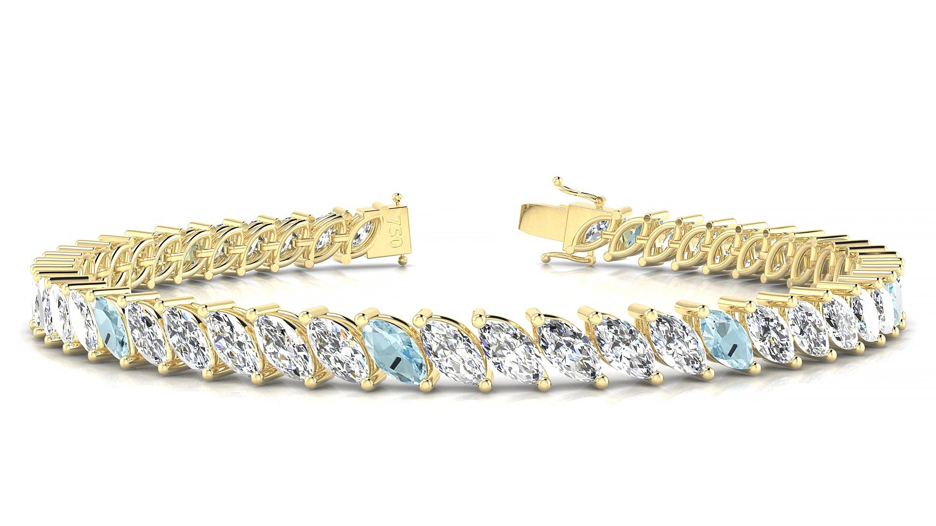 Venezia 1-5 | 18k Yellow Gold 6 x 3 mm Marquise Natural Aquamarine & Diamond 15 cm Tennis Bracelet
