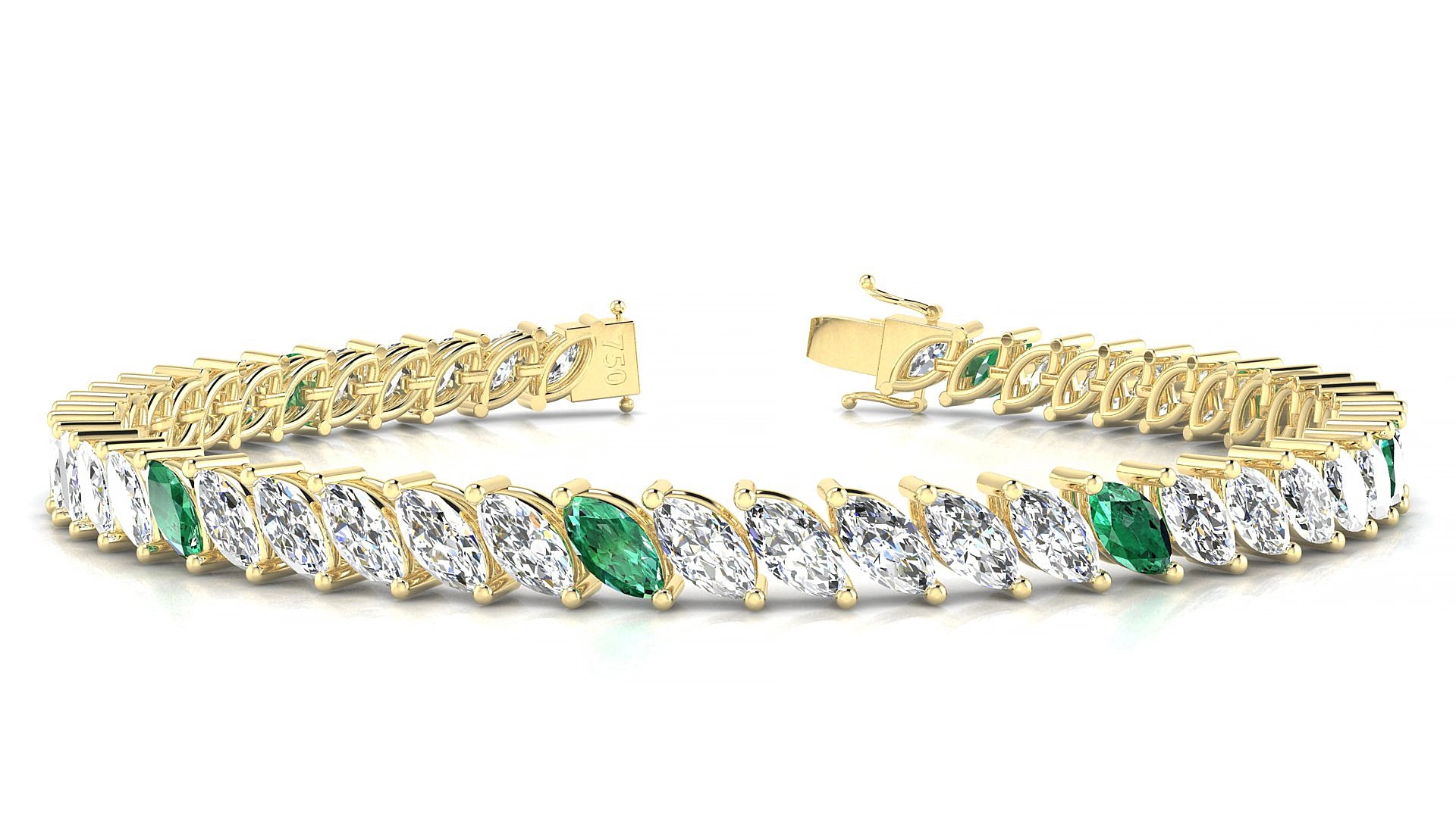 Venezia 1-5 | 18k Yellow Gold 6 x 3 mm Marquise Natural Emerald & Diamond 15 cm Tennis Bracelet