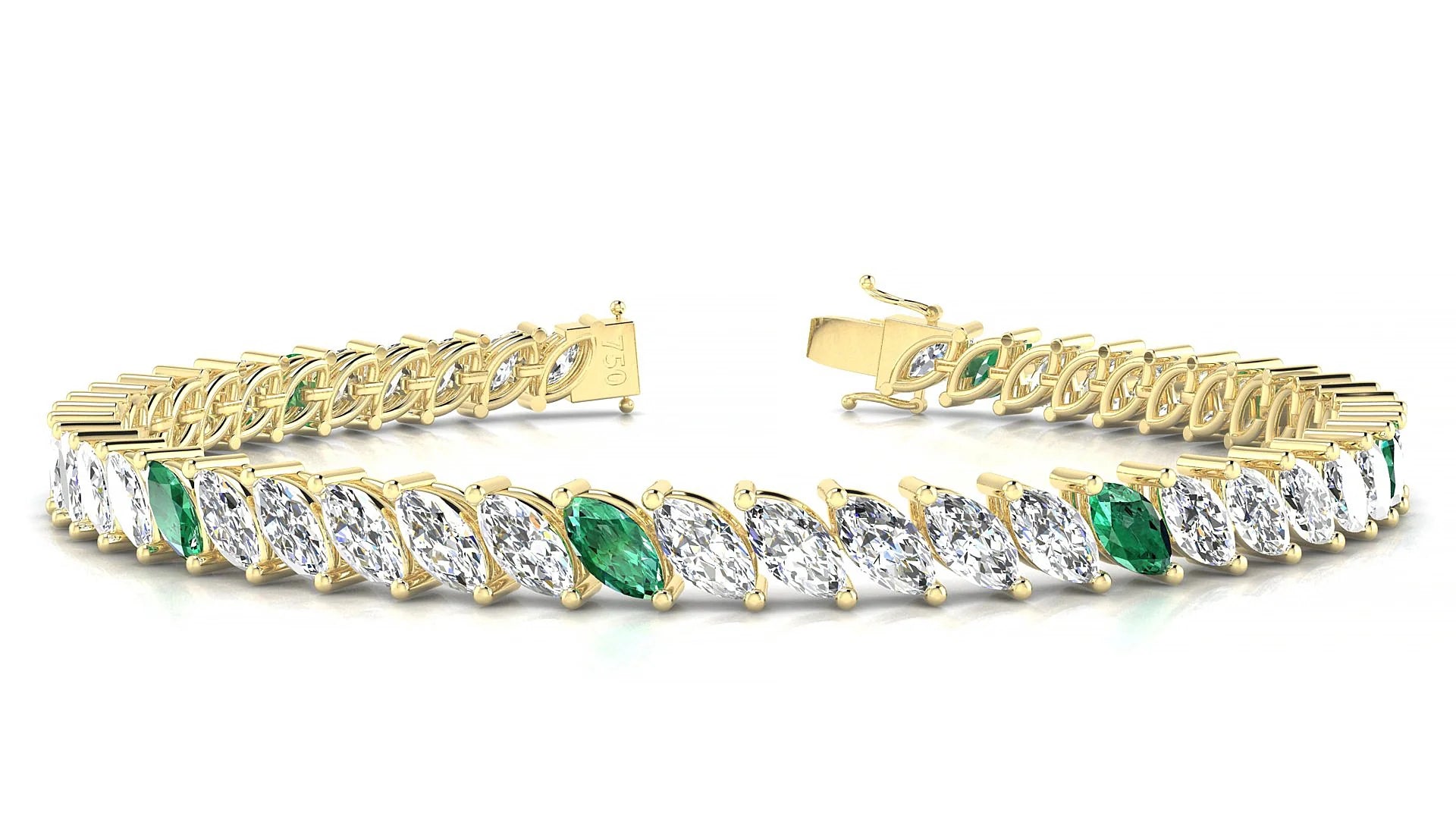 Venezia 1-5 | 18k Yellow Gold 6 x 3 mm Marquise Natural Emerald & Diamond 18 cm Tennis Bracelet