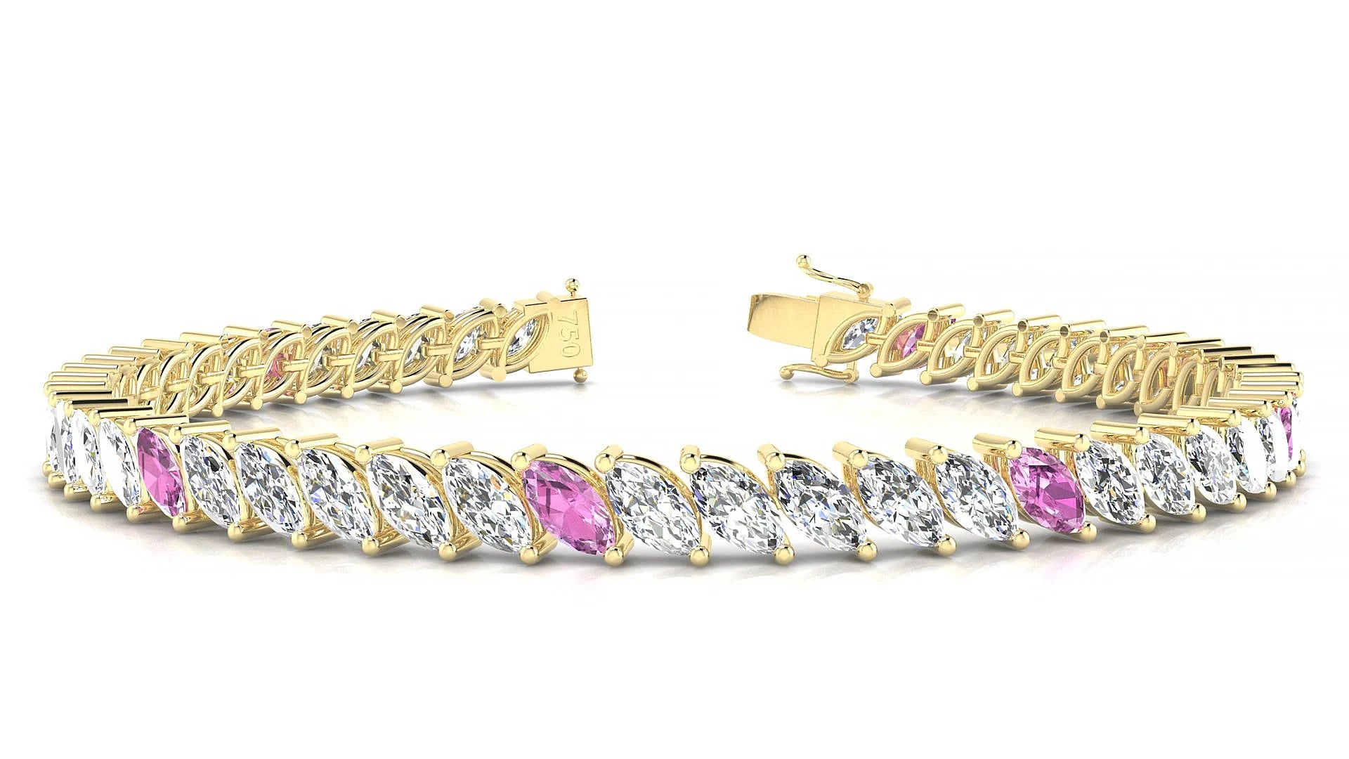 Venezia 1-5 | 18k Yellow Gold 6 x 3 mm Marquise Natural Pink Sapphire & Diamond 18 cm Tennis Bracelet
