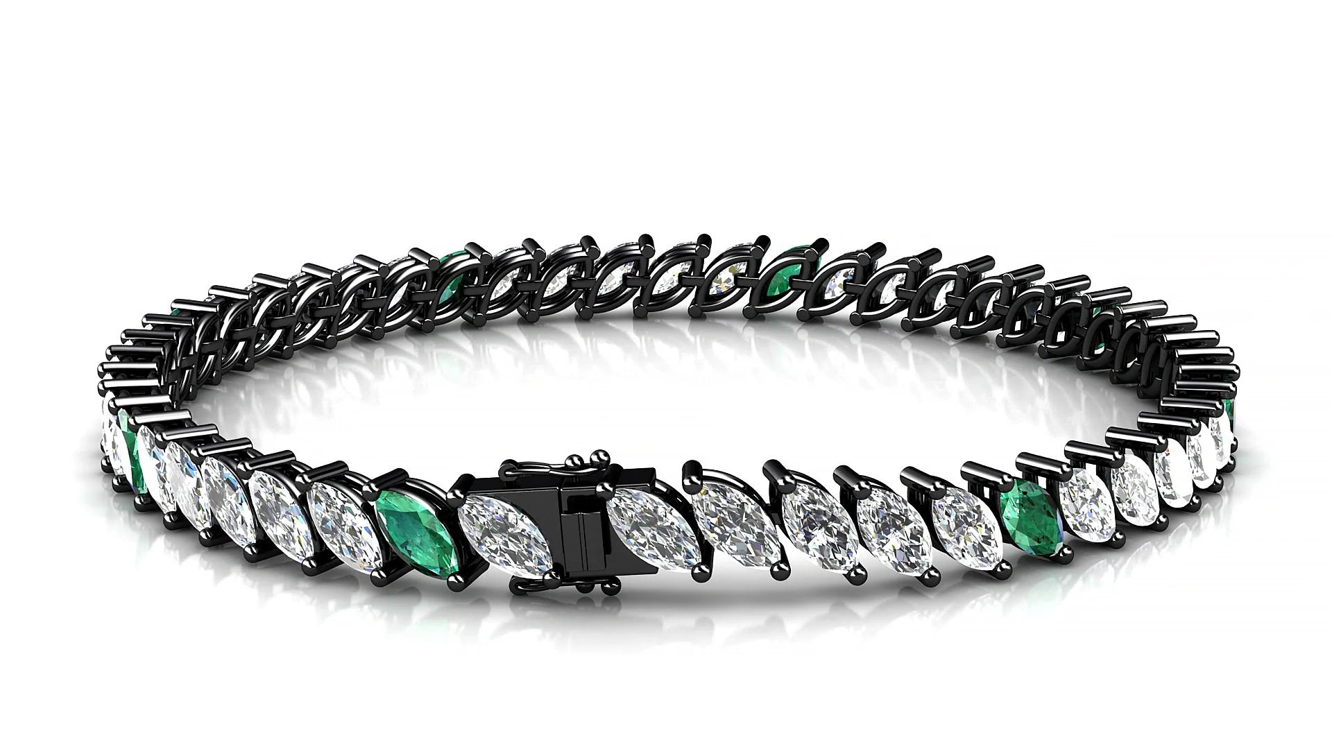 Venezia 1-5 | 18k Black Gold 6 x 3 mm Marquise Natural Emerald & Diamond 18 cm Tennis Bracelet
