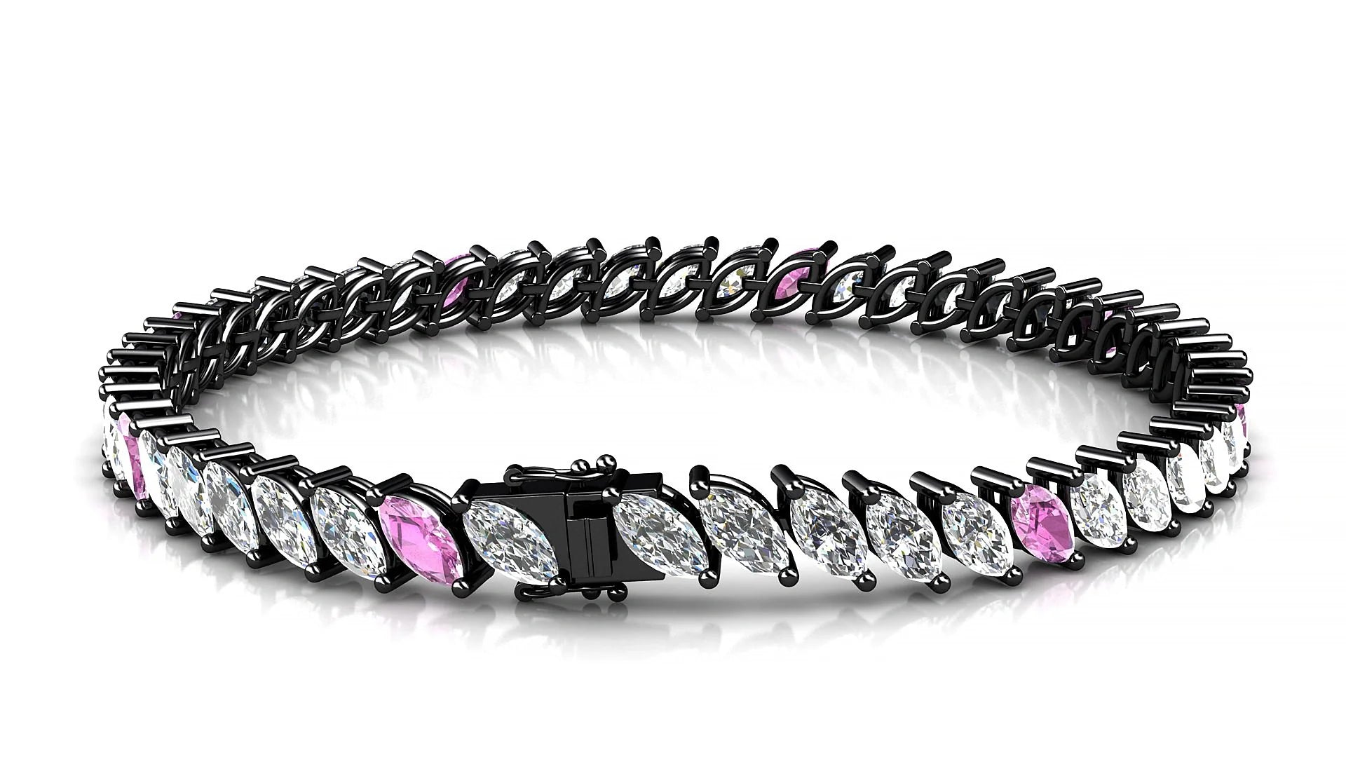 Venezia 1-5 | 18k Black Gold 6 x 3 mm Marquise Natural Pink Sapphire & Diamond 18 cm Tennis Bracelet