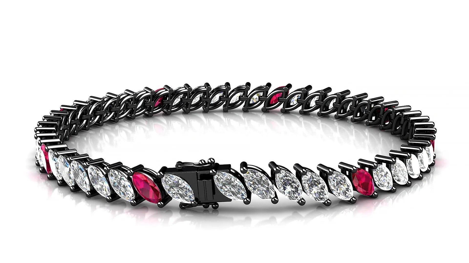 Venezia 1-5 | 18k Black Gold 6 x 3 mm Marquise Natural Ruby & Diamond 18 cm Tennis Bracelet