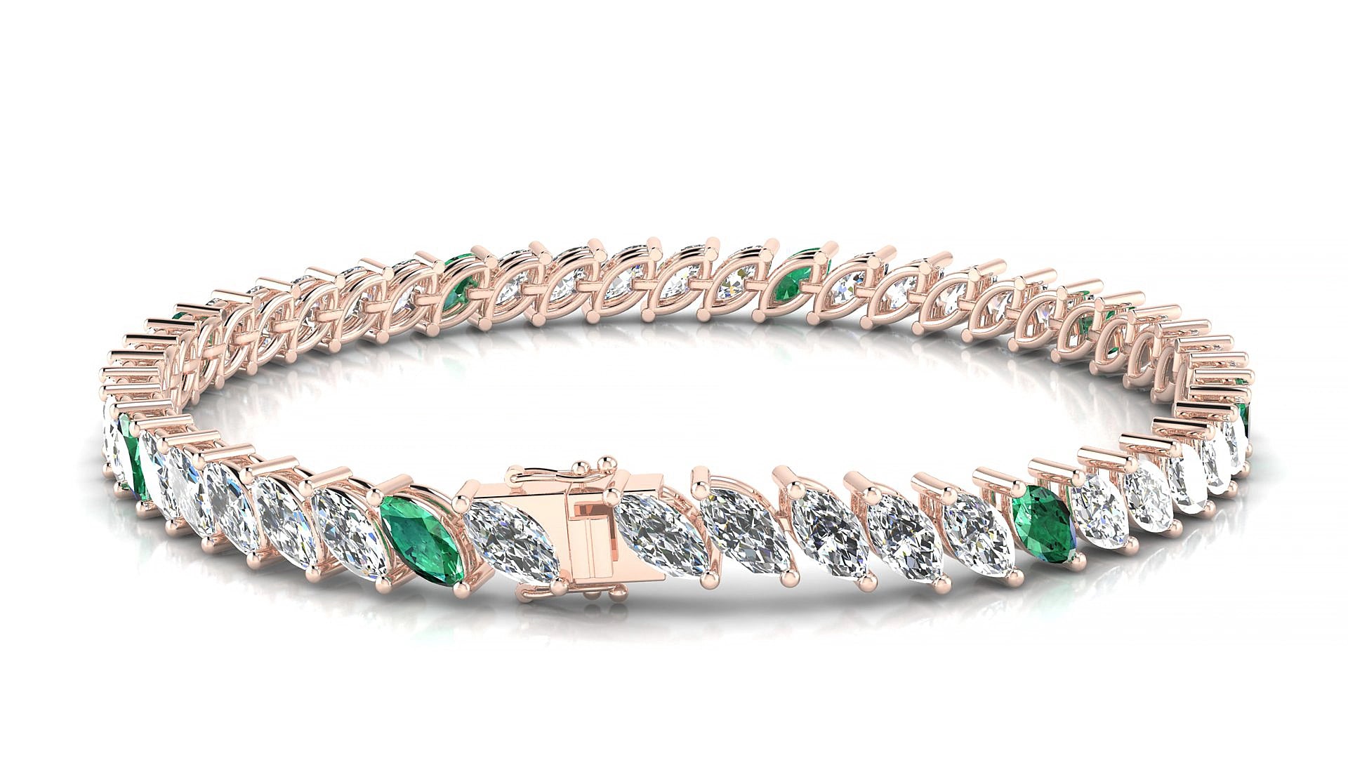 Venezia 1-5 | 18k Rose Gold 6 x 3 mm Marquise Natural Emerald & Diamond 15 cm Tennis Bracelet