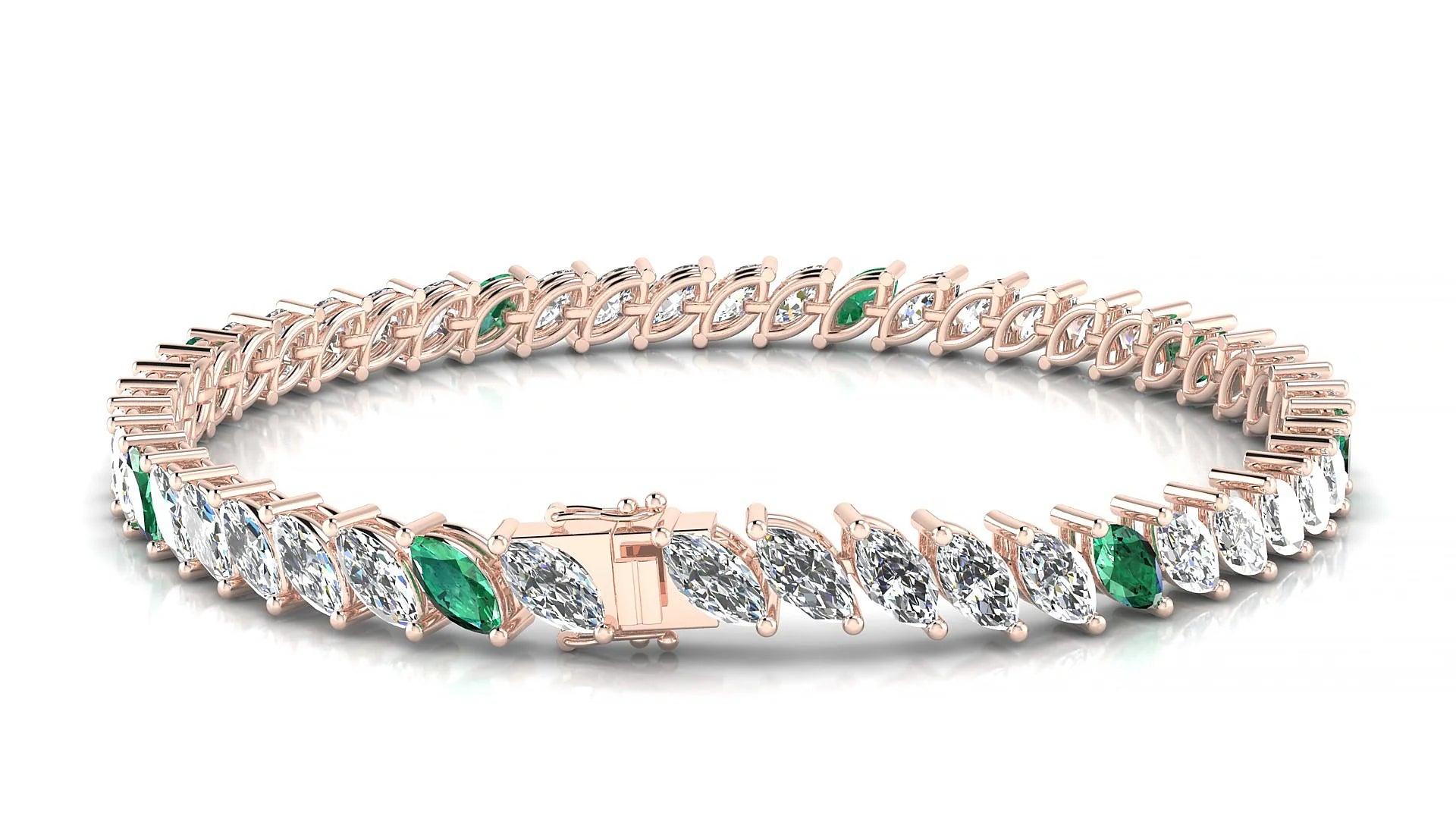 Venezia 1-5 | 18k Rose Gold 6 x 3 mm Marquise Natural Emerald & Diamond 18 cm Tennis Bracelet
