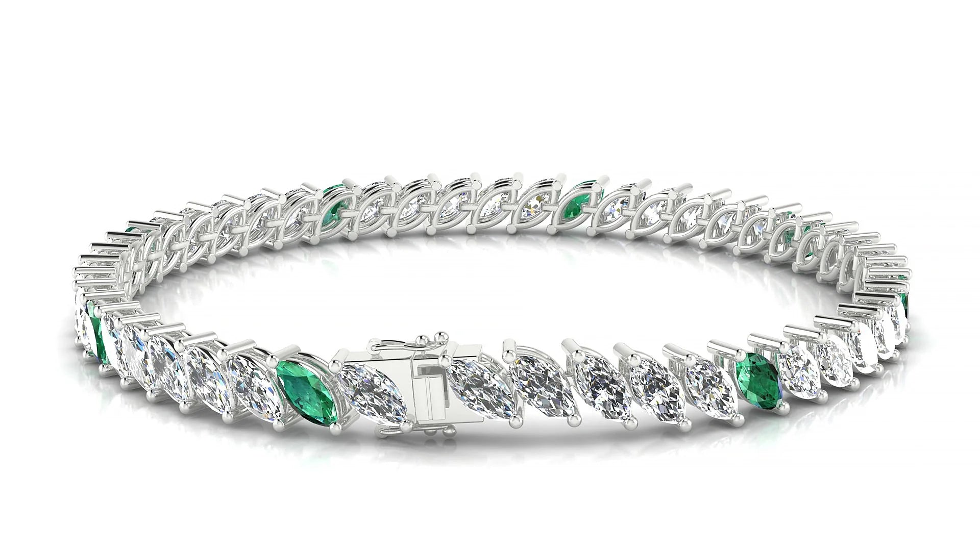 Venezia 1-5 | 18k White Gold 6 x 3 mm Marquise Natural Emerald & Diamond 18 cm Tennis Bracelet