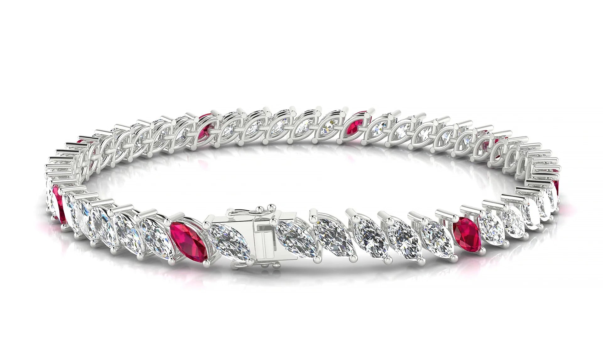 Venezia 1-5 | 18k White Gold 6 x 3 mm Marquise Natural Ruby & Diamond 18 cm Tennis Bracelet