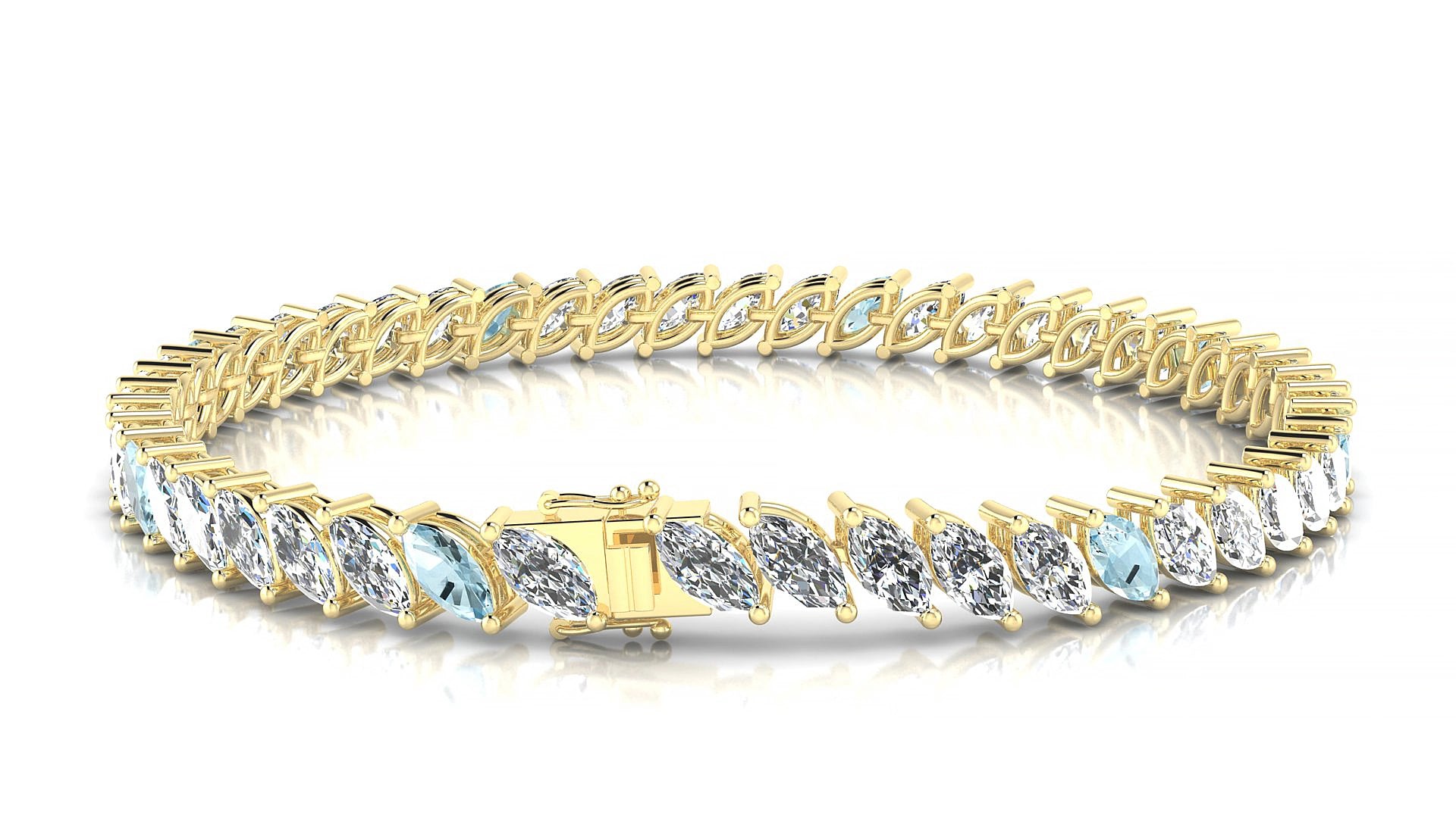 Venezia 1-5 | 18k Yellow Gold 6 x 3 mm Marquise Natural Aquamarine & Diamond 15 cm Tennis Bracelet