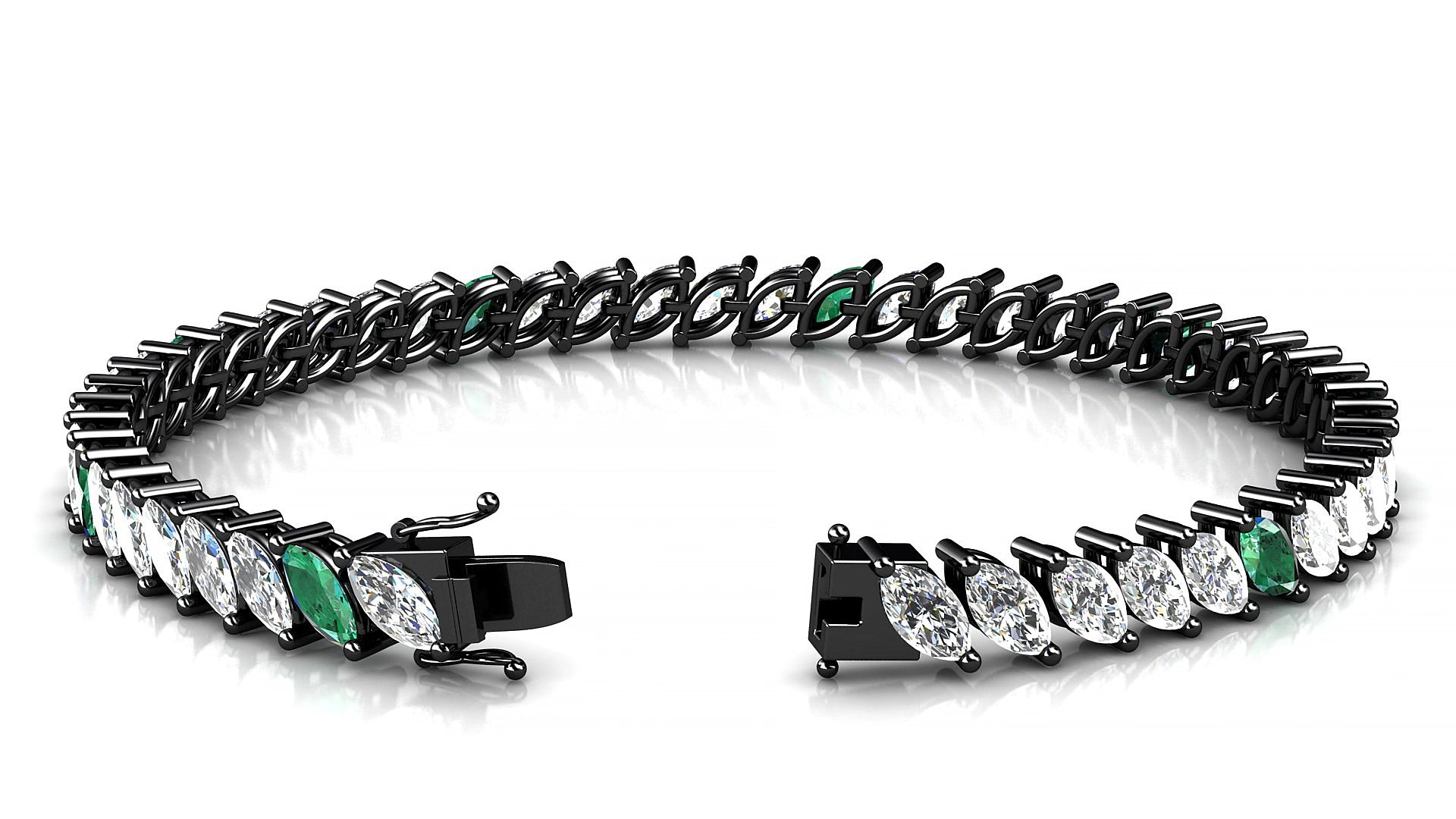 Venezia 1-5 | 18k Black Gold 6 x 3 mm Marquise Natural Emerald & Diamond 15 cm Tennis Bracelet