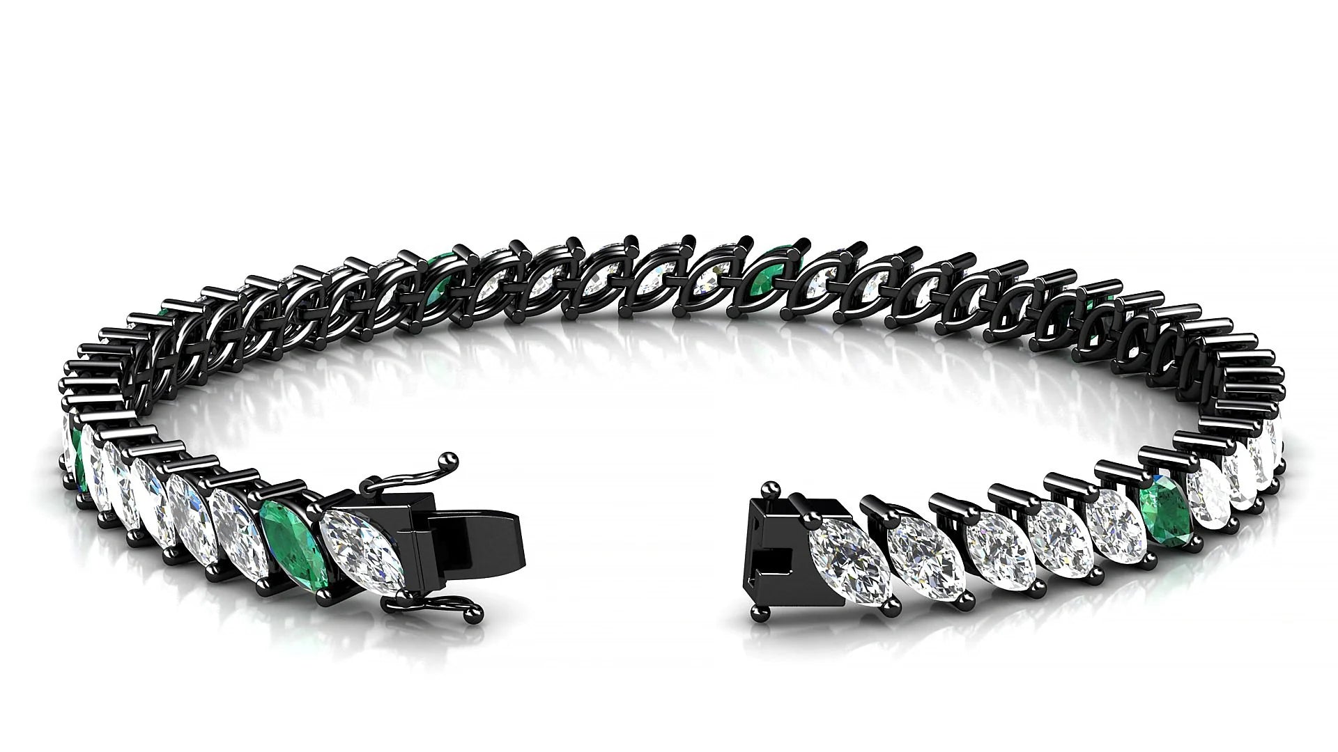 Venezia 1-5 | 18k Black Gold 6 x 3 mm Marquise Natural Emerald & Diamond 18 cm Tennis Bracelet
